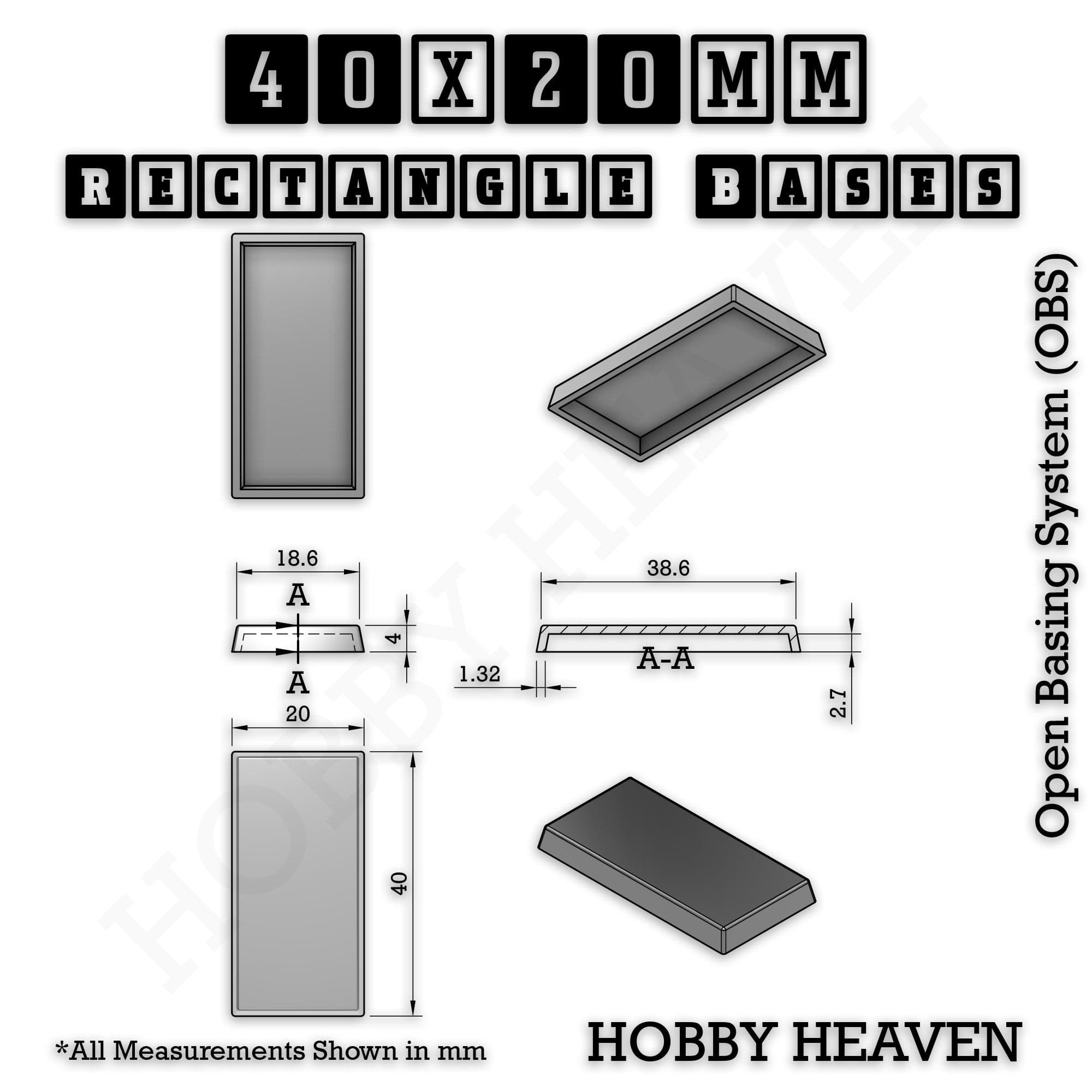 Base Rectangle Bases Range Sizes - 75x30mm to 125x40mm Medium Sizes 3d Print Full Range Tabletop Games