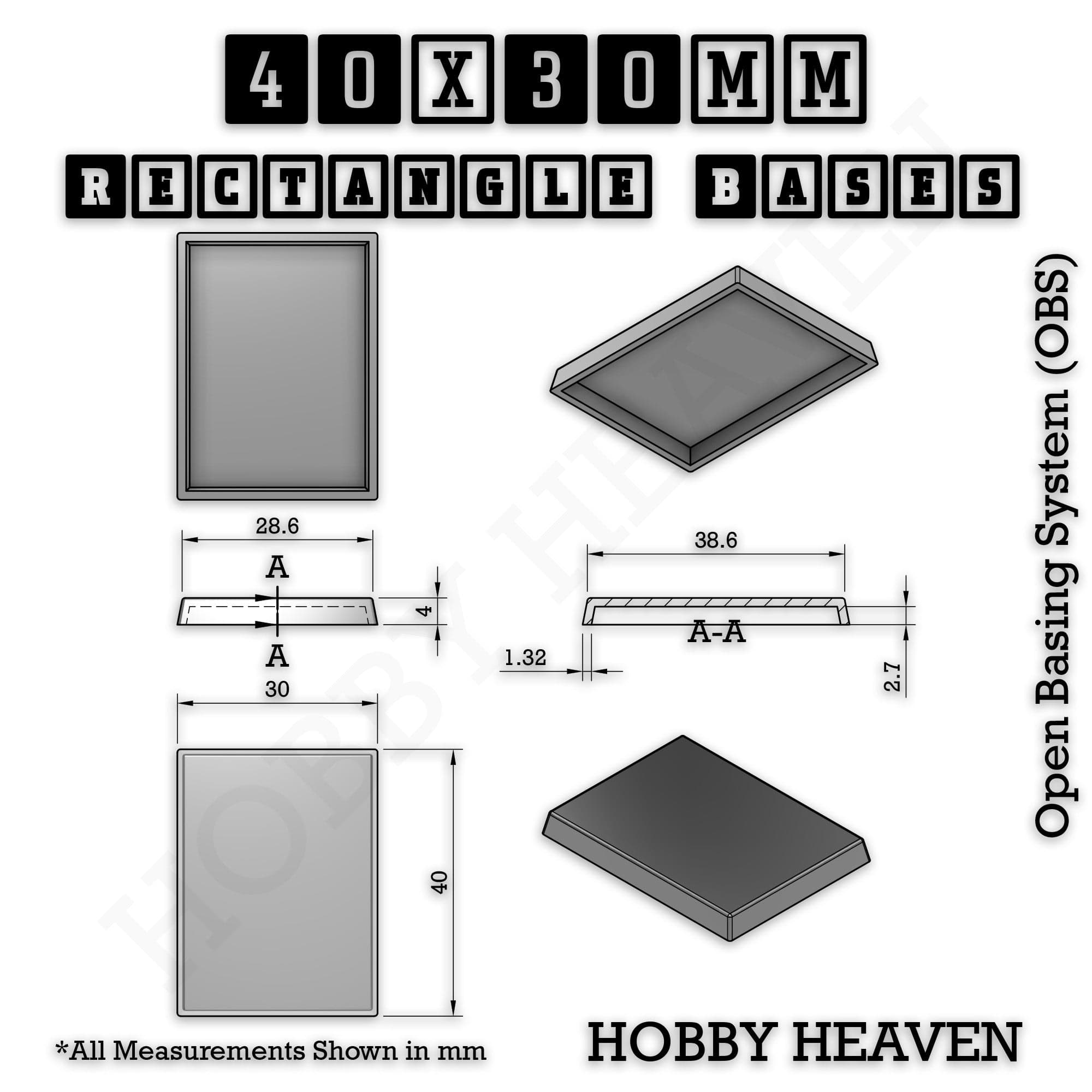Base Rectangle Bases Range Sizes - 75x30mm to 125x40mm Medium Sizes 3d Print Full Range Tabletop Games