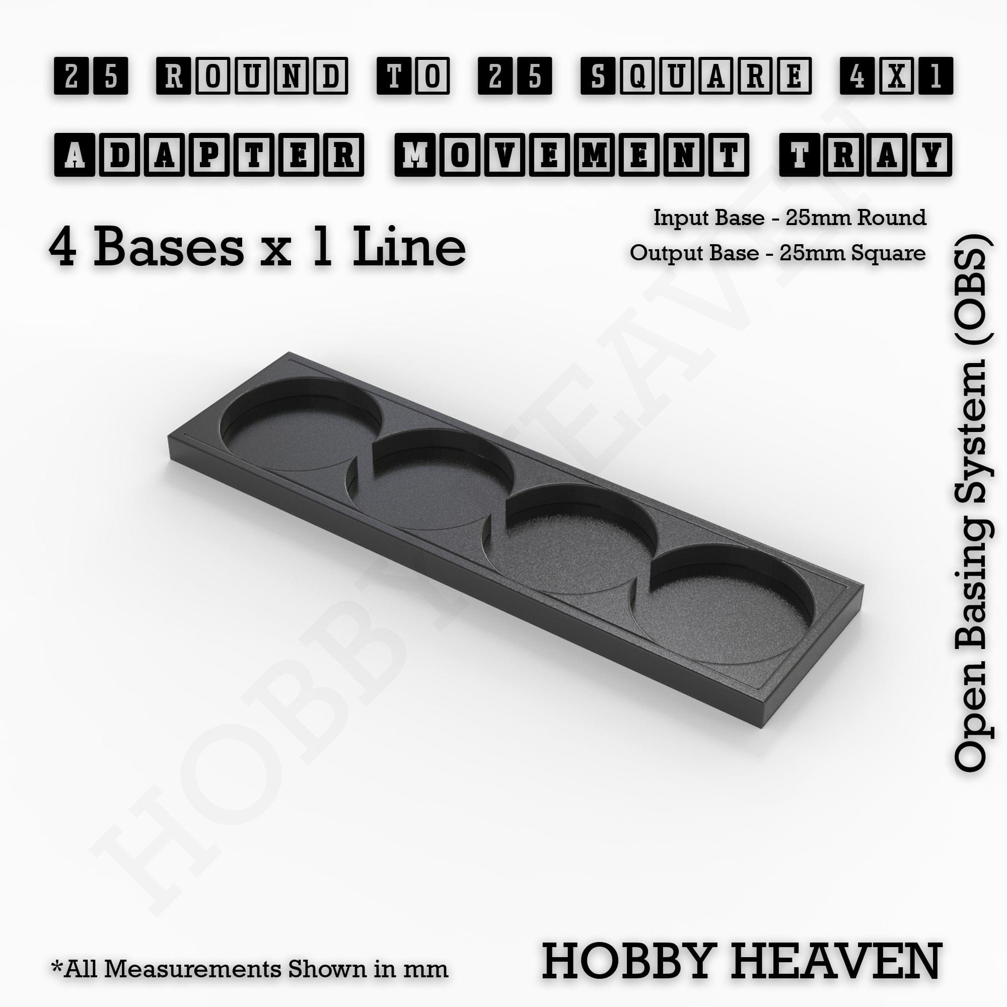 Movement Tray 25->25mm Round to Square 4x1 (4 bases x 1 Line) Round to Square Movement Trays Adapters for Tabletop Games