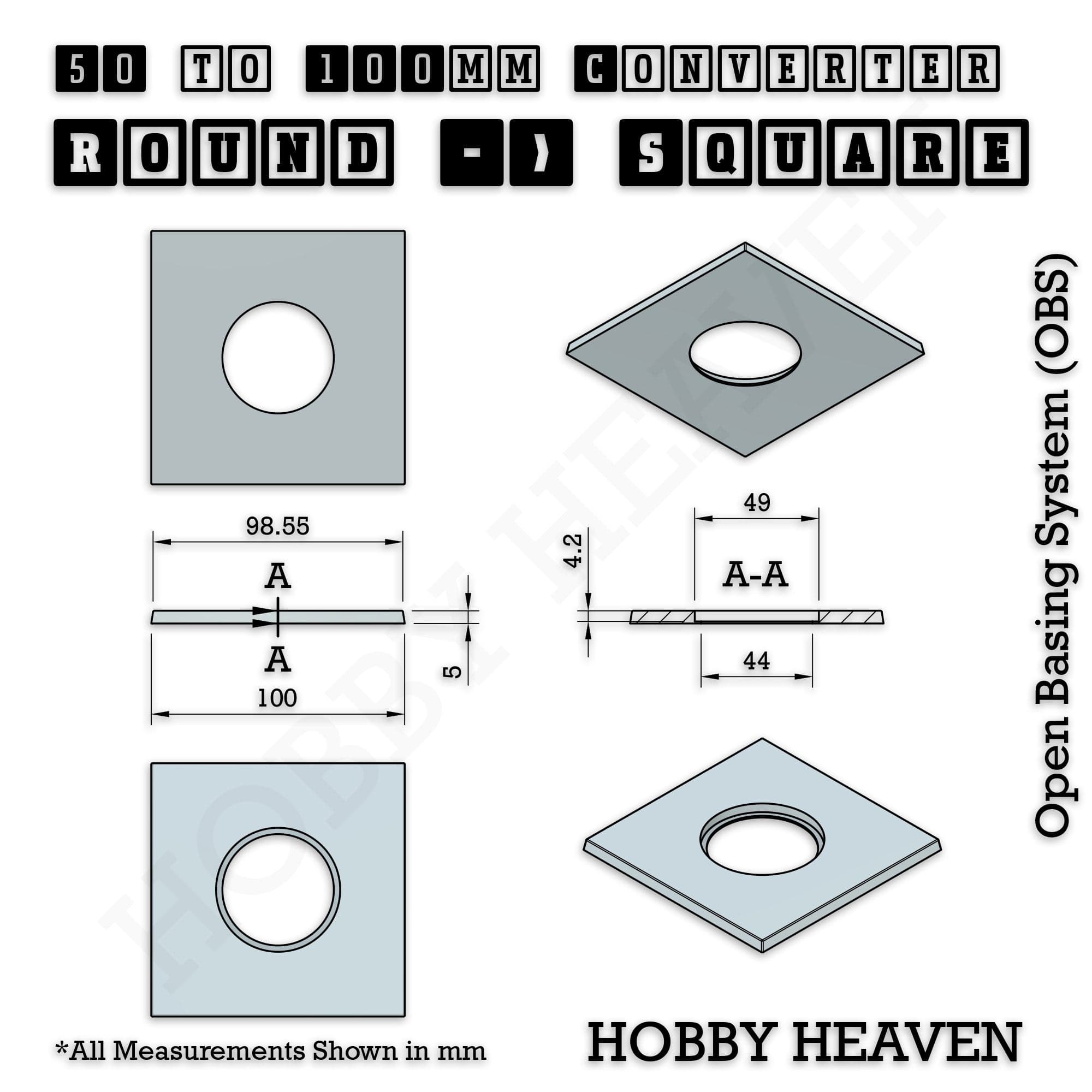 Base 50mm To 100mm Square Converter x1pcs Round to Square Bases Shape and Size Converters 3d Print Full Range