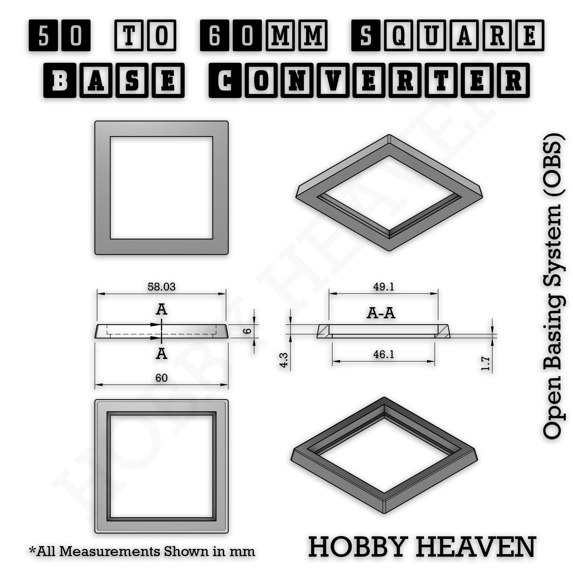Base Square to Square Bases Size Converters 3d Print Full Range