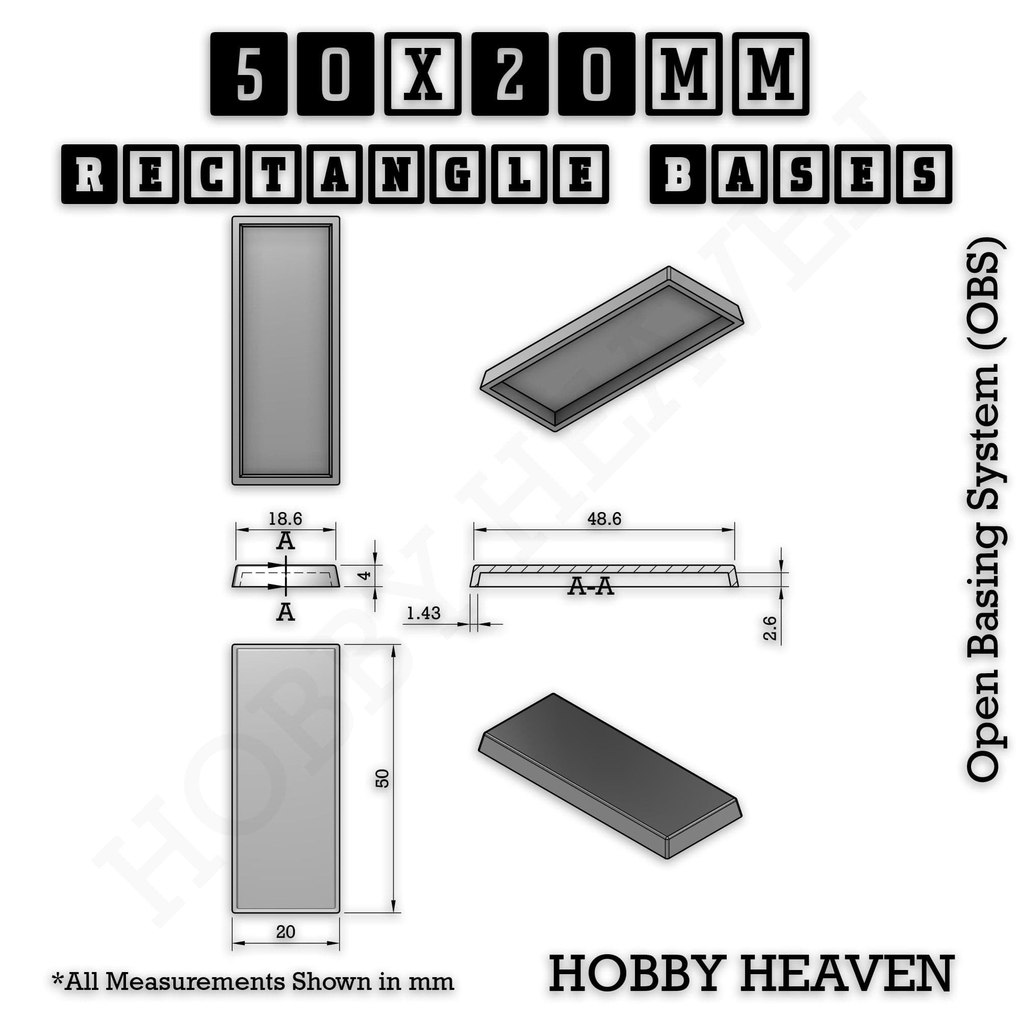 Base Rectangle Bases Range Sizes - 75x30mm to 125x40mm Medium Sizes 3d Print Full Range Tabletop Games