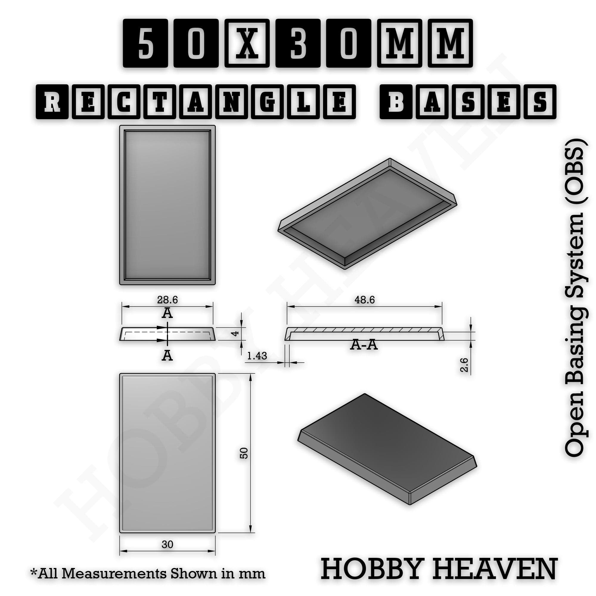 Base Rectangle Bases Range Sizes - 75x30mm to 125x40mm Medium Sizes 3d Print Full Range Tabletop Games