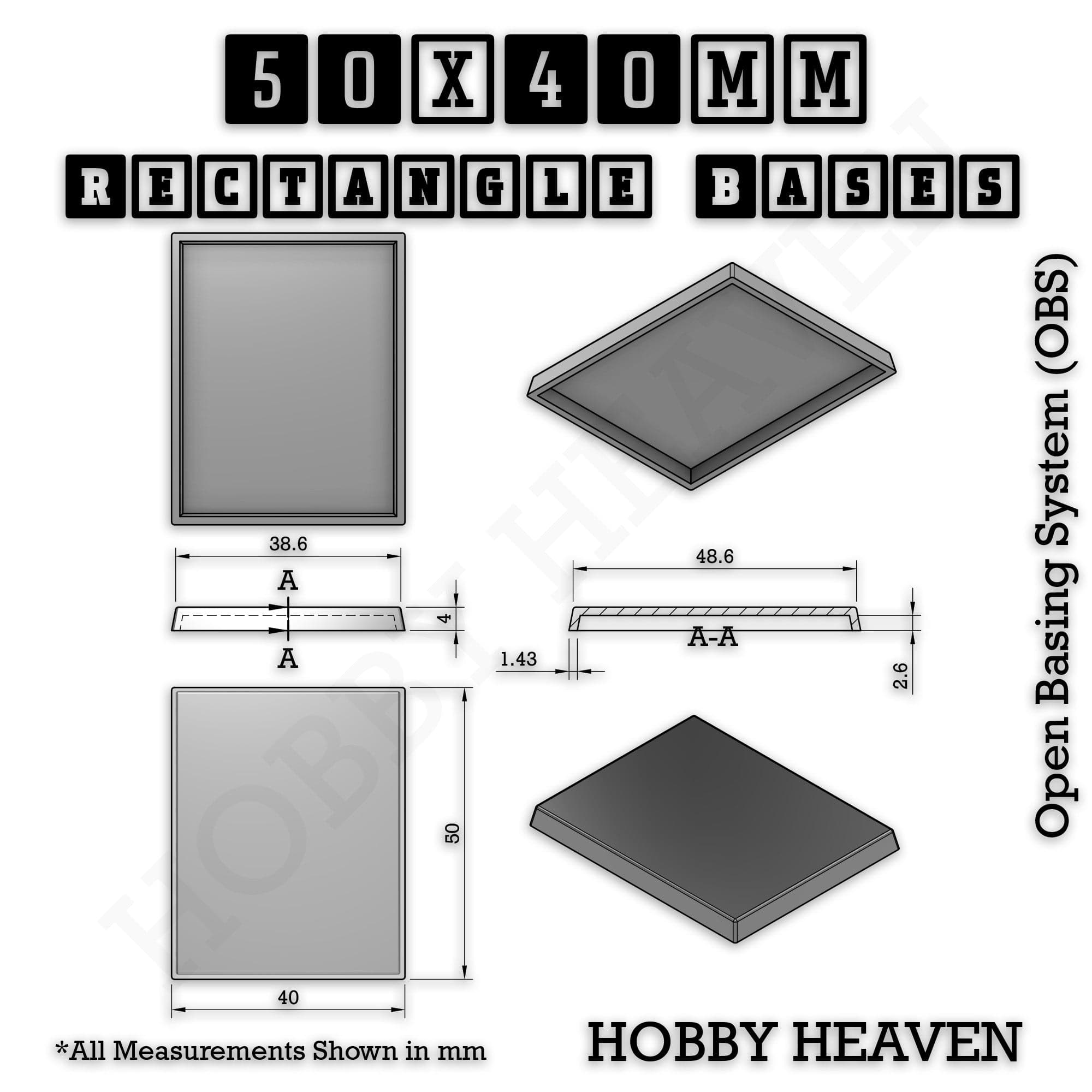 Base Rectangle Bases Range Sizes - 75x30mm to 125x40mm Medium Sizes 3d Print Full Range Tabletop Games
