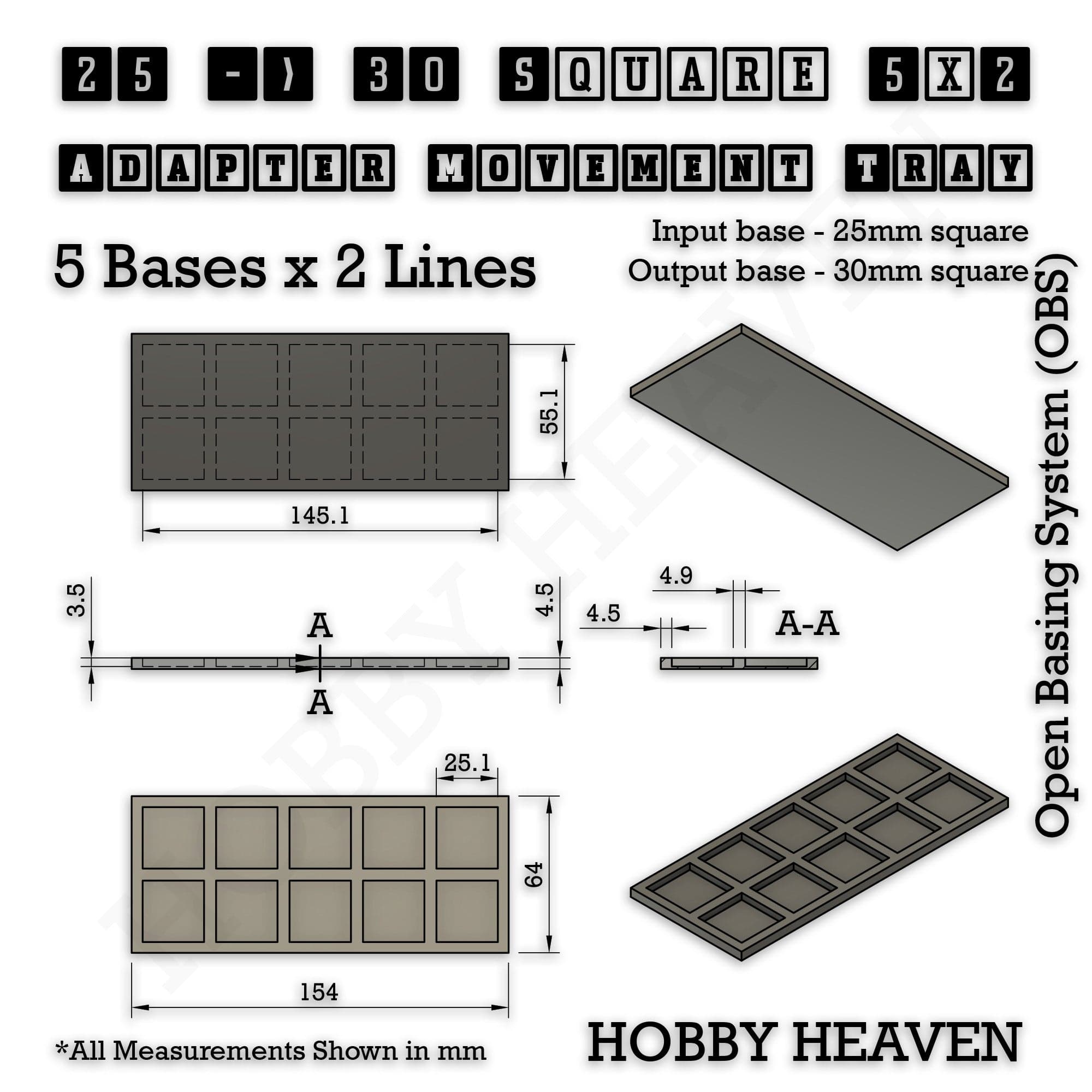 Movement Tray Square and Rectangle Movement Trays Adapters for Tabletop Games