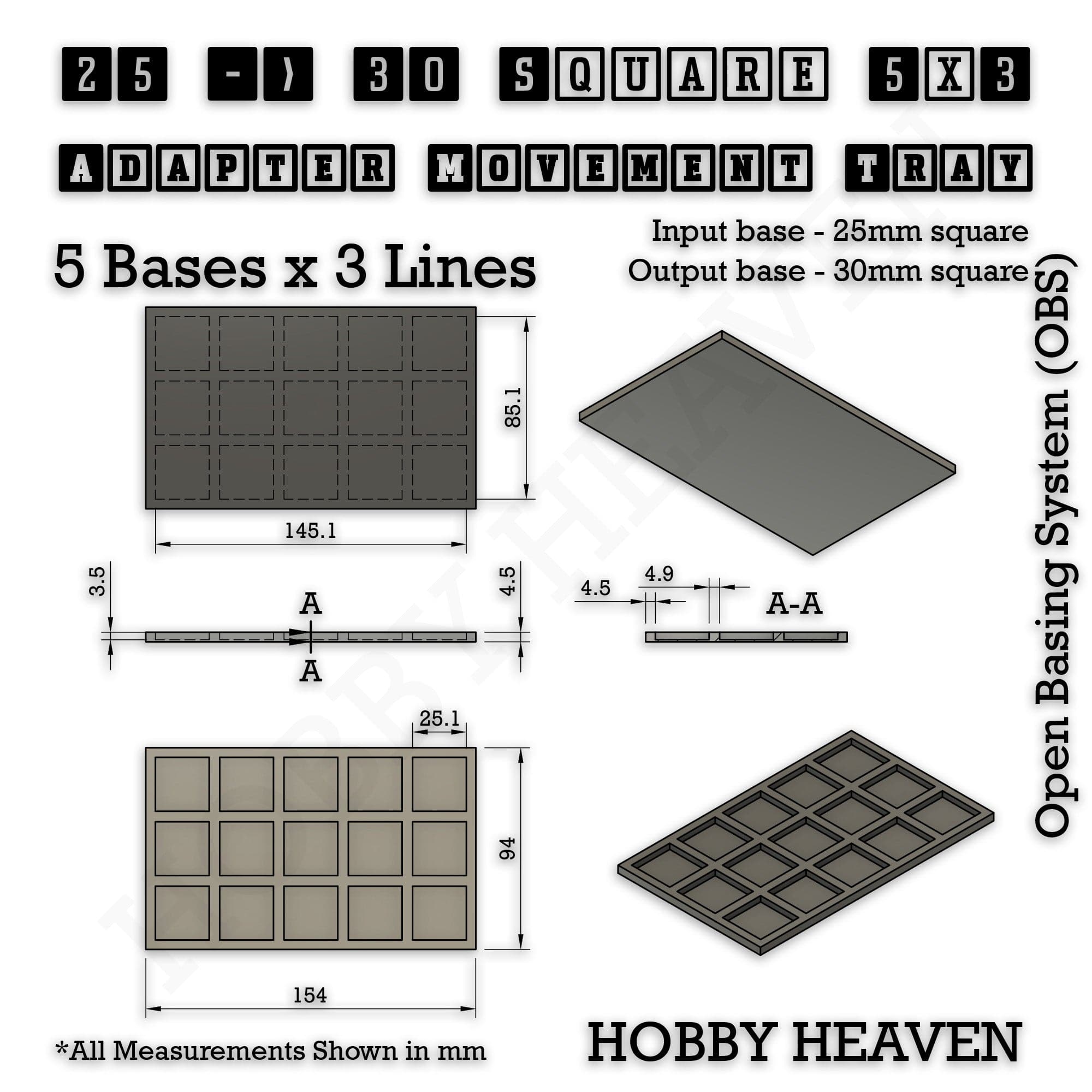 Movement Tray Square and Rectangle Movement Trays Adapters for Tabletop Games
