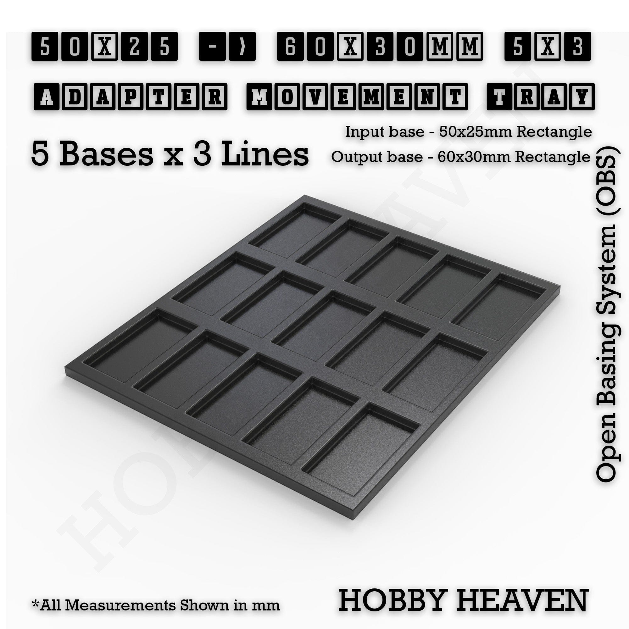 Movement Tray 50x25 to 60x30mm Adapter 5x3 (5 bases x 3 Lines) Square and Rectangle Movement Trays Adapters for Tabletop Games