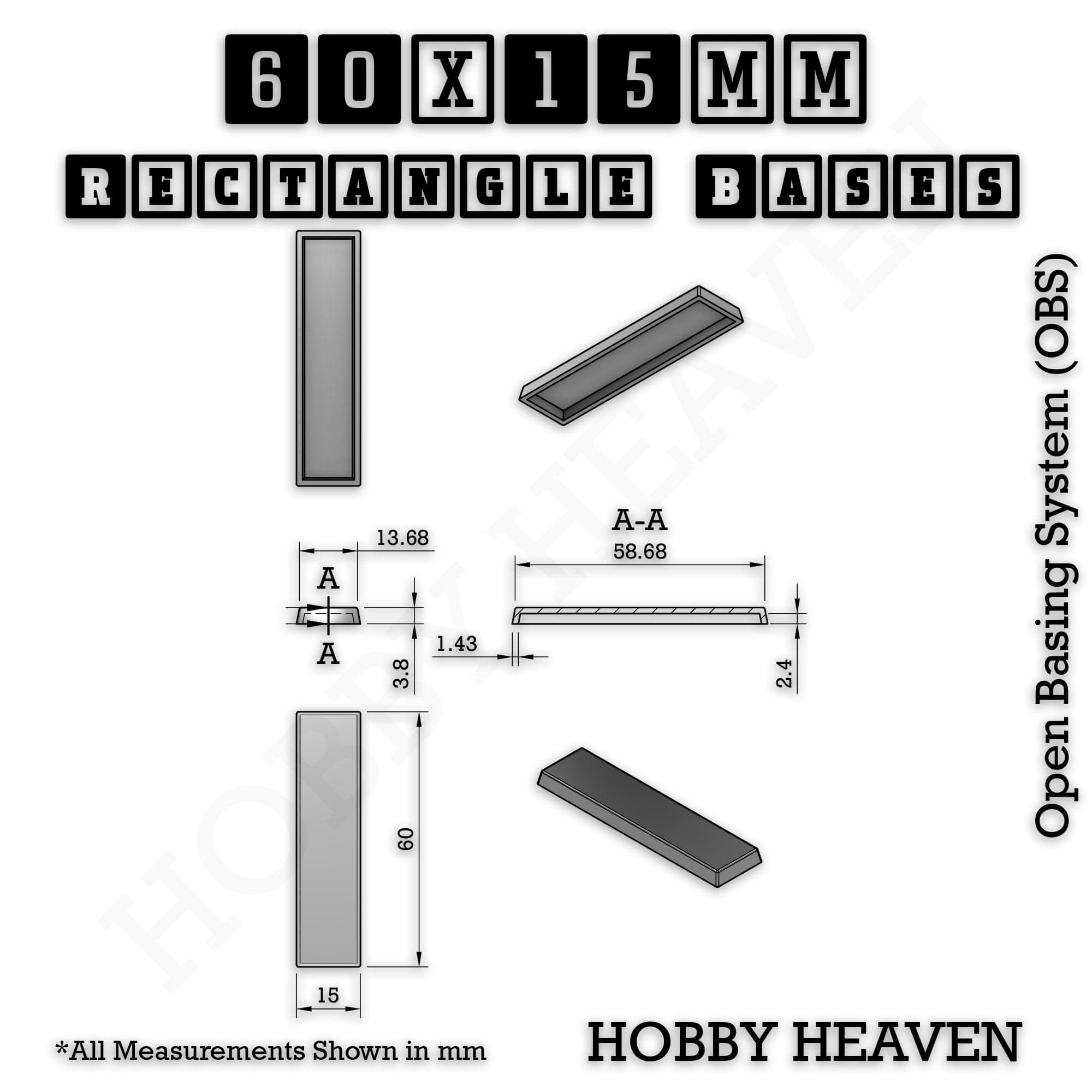Base Rectangle Bases Range Sizes - 75x30mm to 125x40mm Medium Sizes 3d Print Full Range Tabletop Games