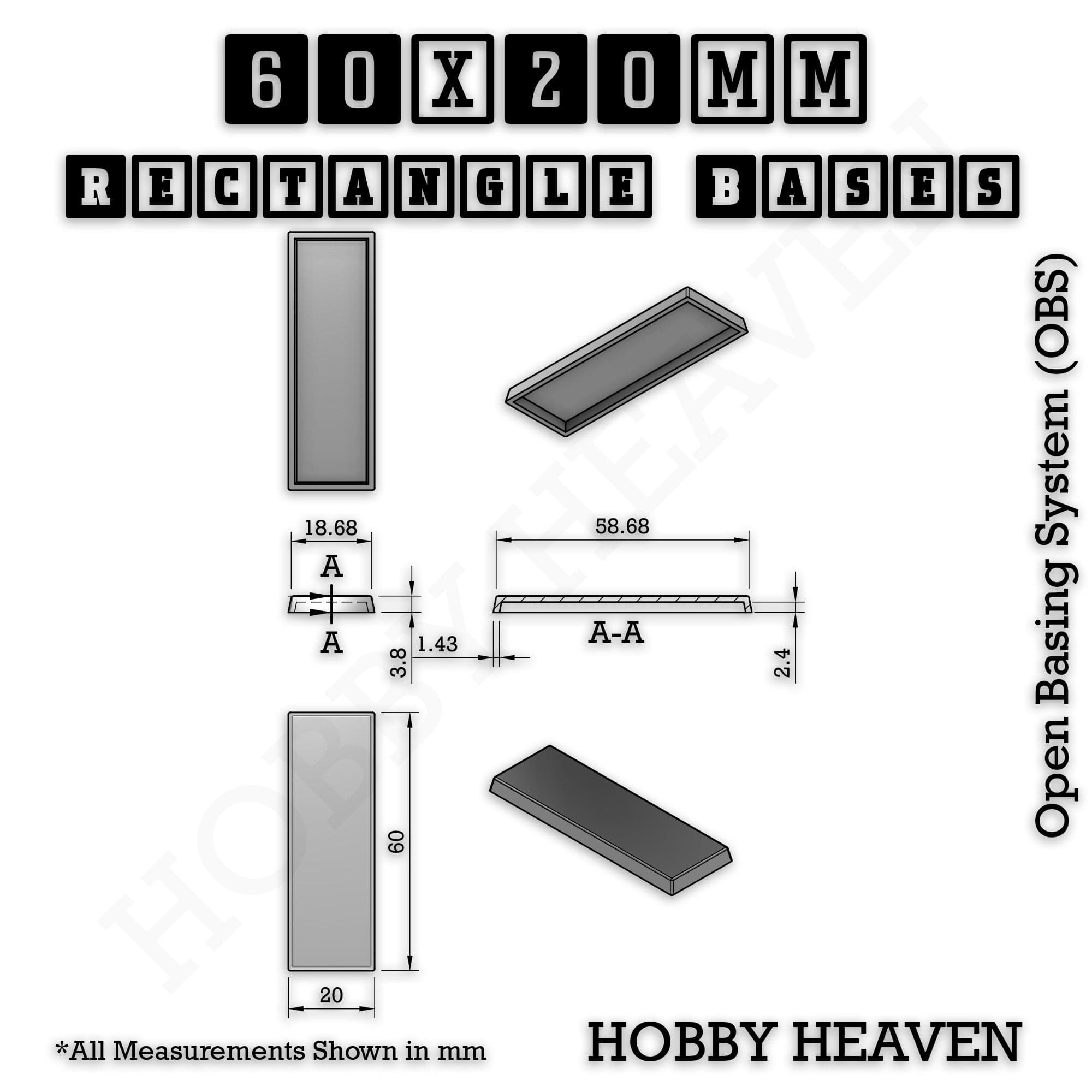 Base Rectangle Bases Range Sizes - 75x30mm to 125x40mm Medium Sizes 3d Print Full Range Tabletop Games
