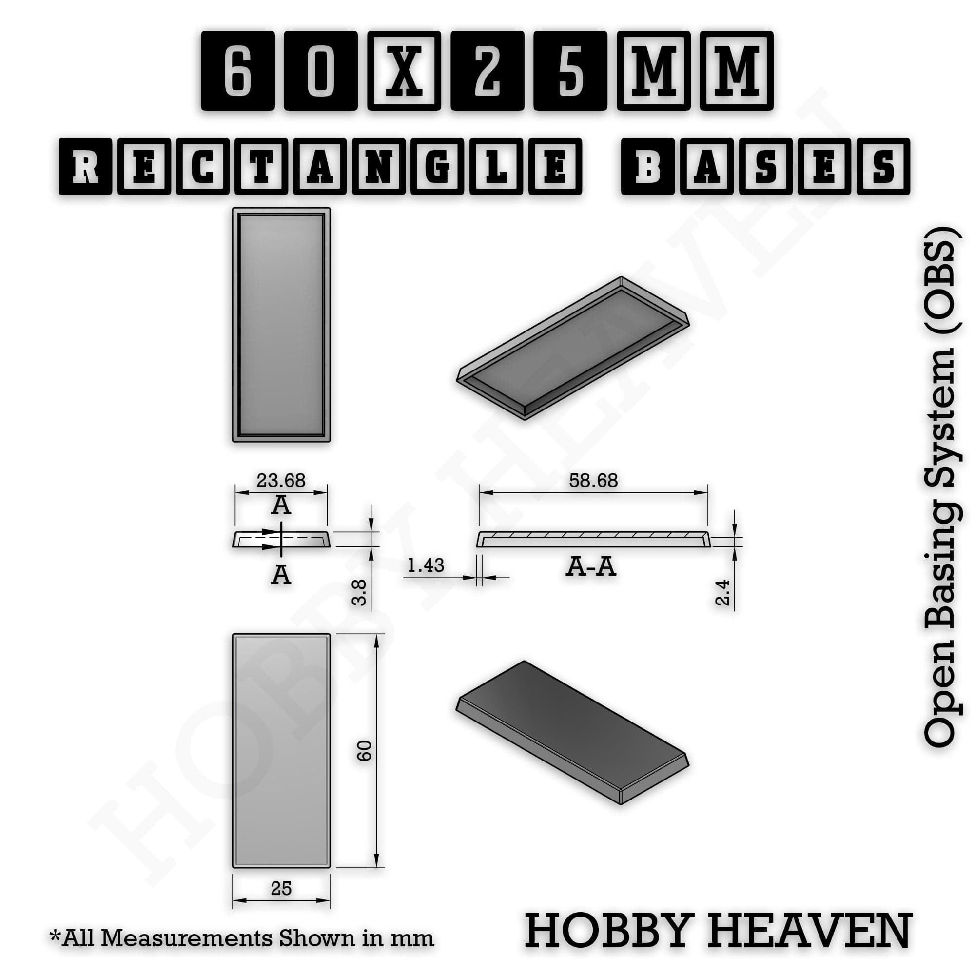 Base Rectangle Bases Range Sizes - 75x30mm to 125x40mm Medium Sizes 3d Print Full Range Tabletop Games
