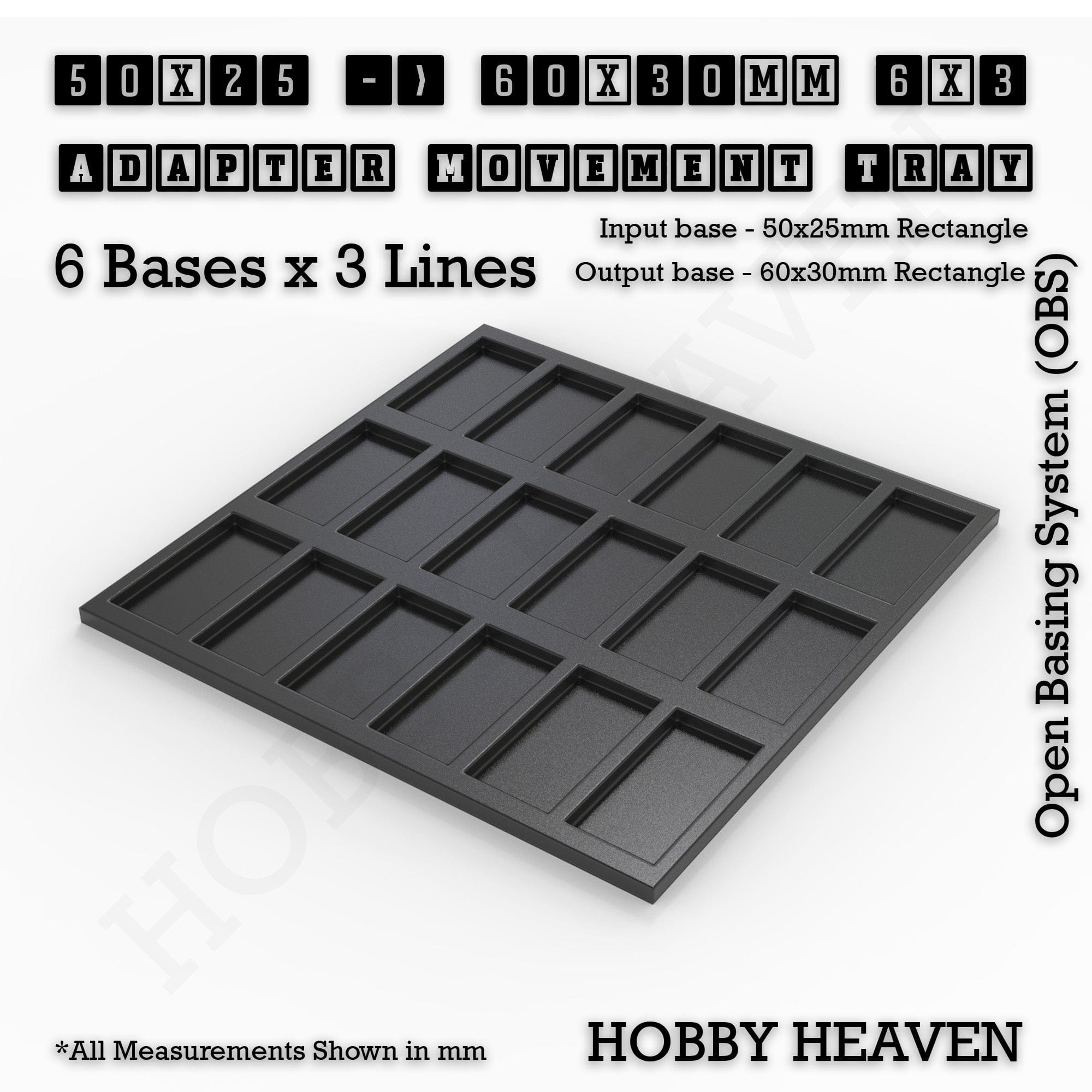 Movement Tray 50x25 to 60x30mm Adapter 6x3 (6 bases x 3 Lines) Square and Rectangle Movement Trays Adapters for Tabletop Games