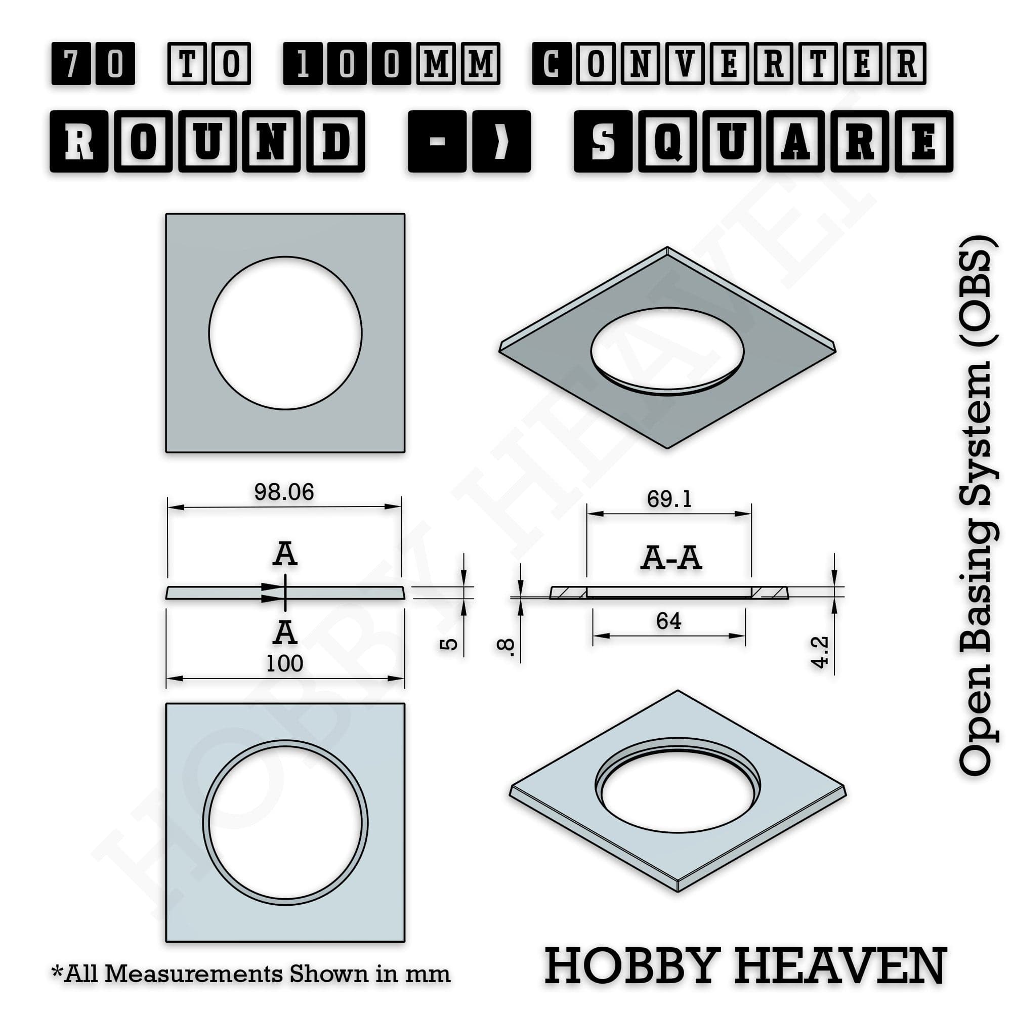 Base 70mm To 100mm Square Converter x1pcs Round to Square Bases Shape and Size Converters 3d Print Full Range