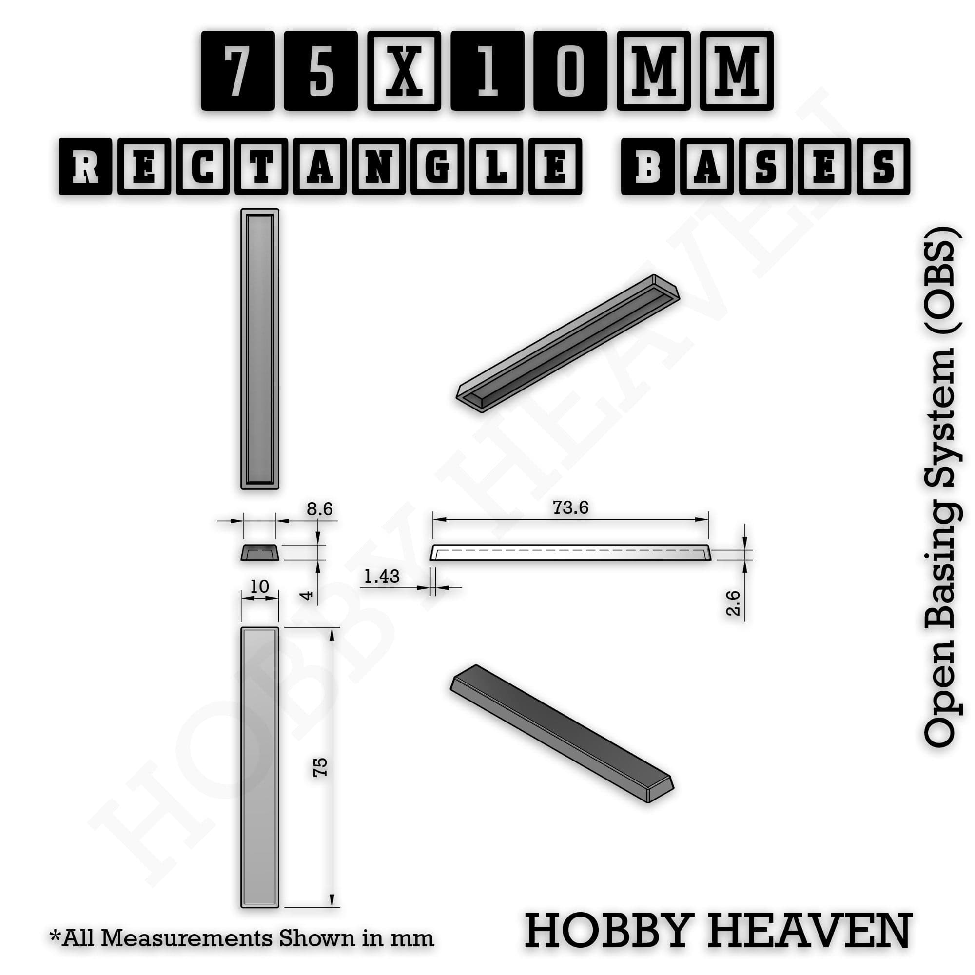 Base Rectangle Bases Range Sizes - 75x30mm to 125x40mm Medium Sizes 3d Print Full Range Tabletop Games