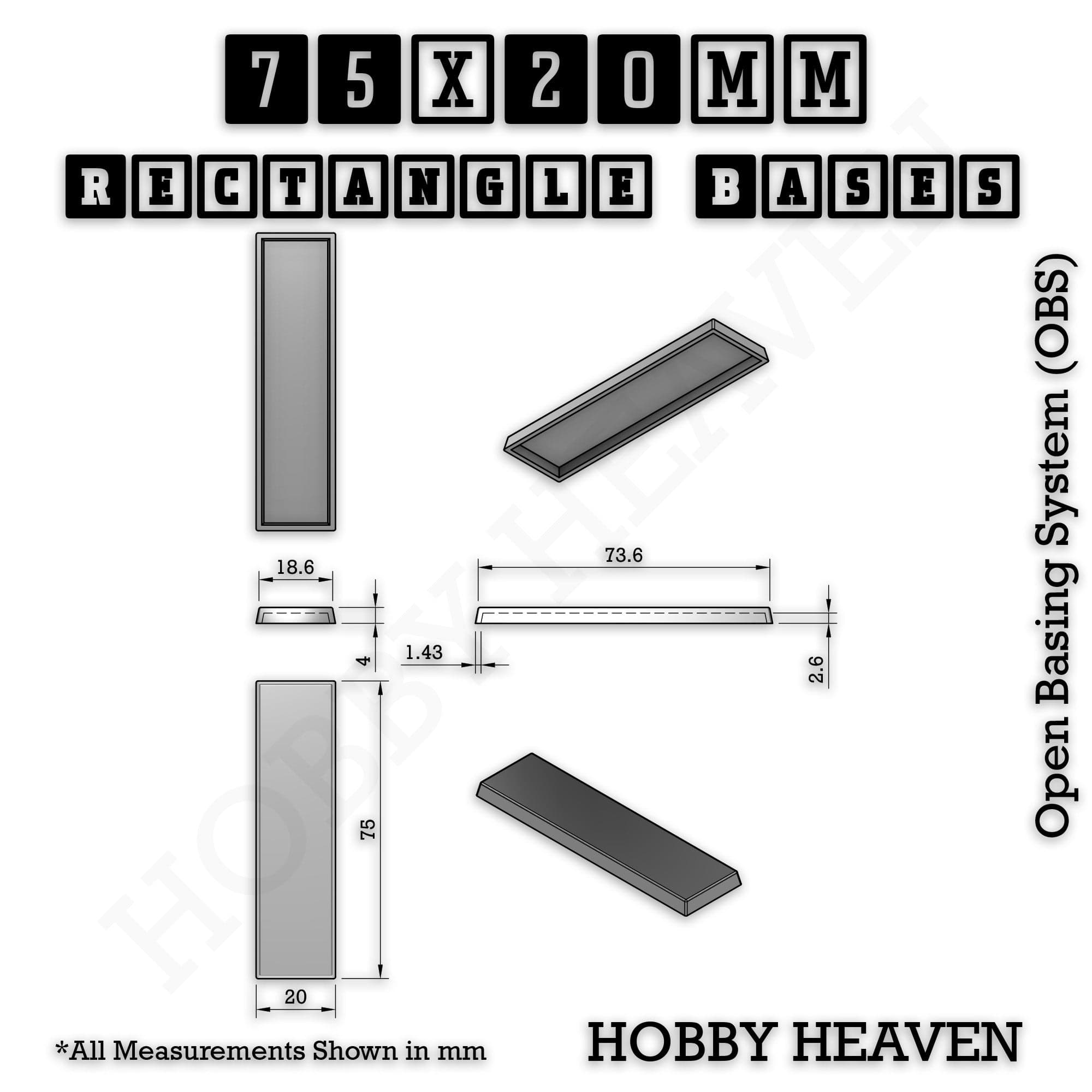 Base Rectangle Bases Range Sizes - 75x30mm to 125x40mm Medium Sizes 3d Print Full Range Tabletop Games