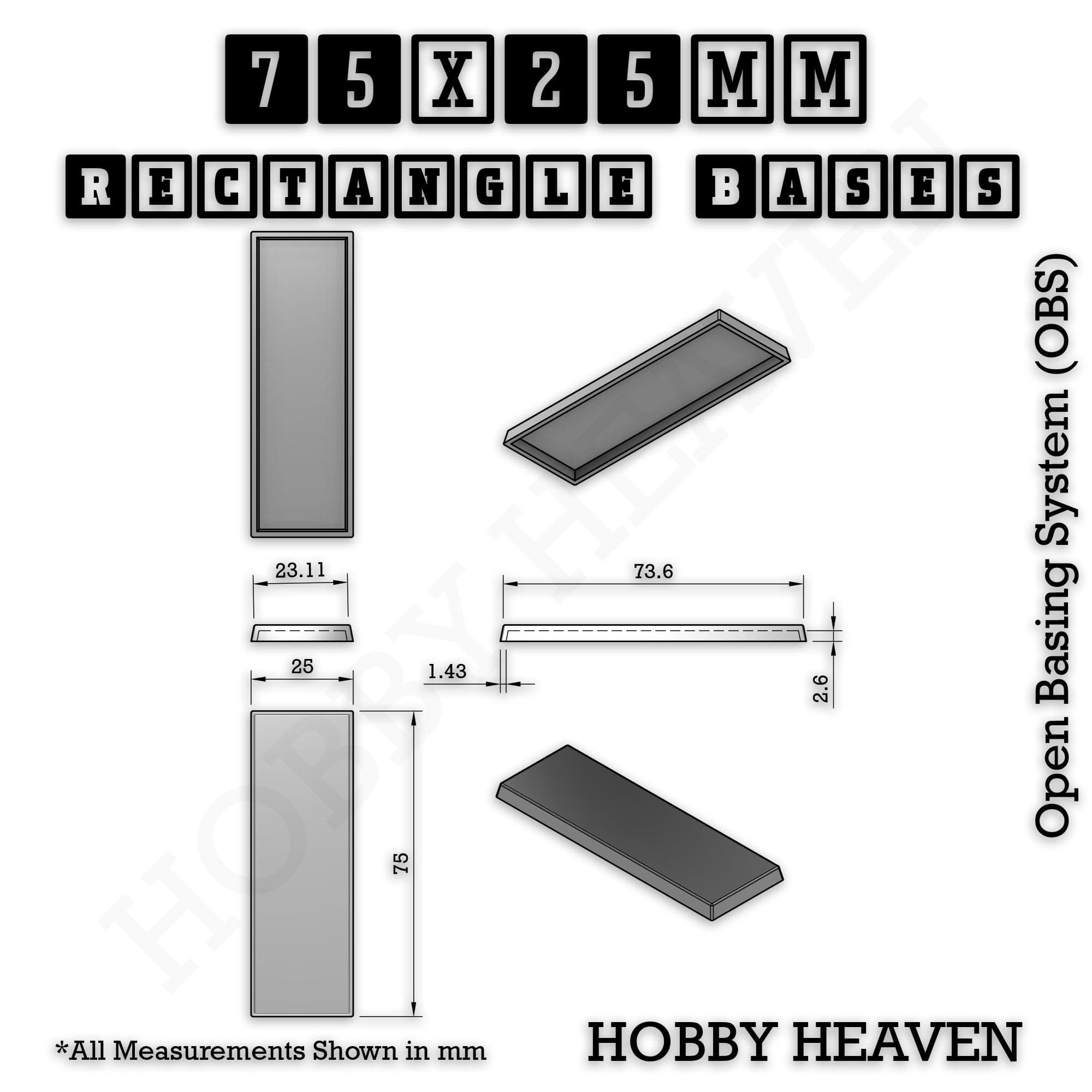 Base Rectangle Bases Range Sizes - 75x30mm to 125x40mm Medium Sizes 3d Print Full Range Tabletop Games