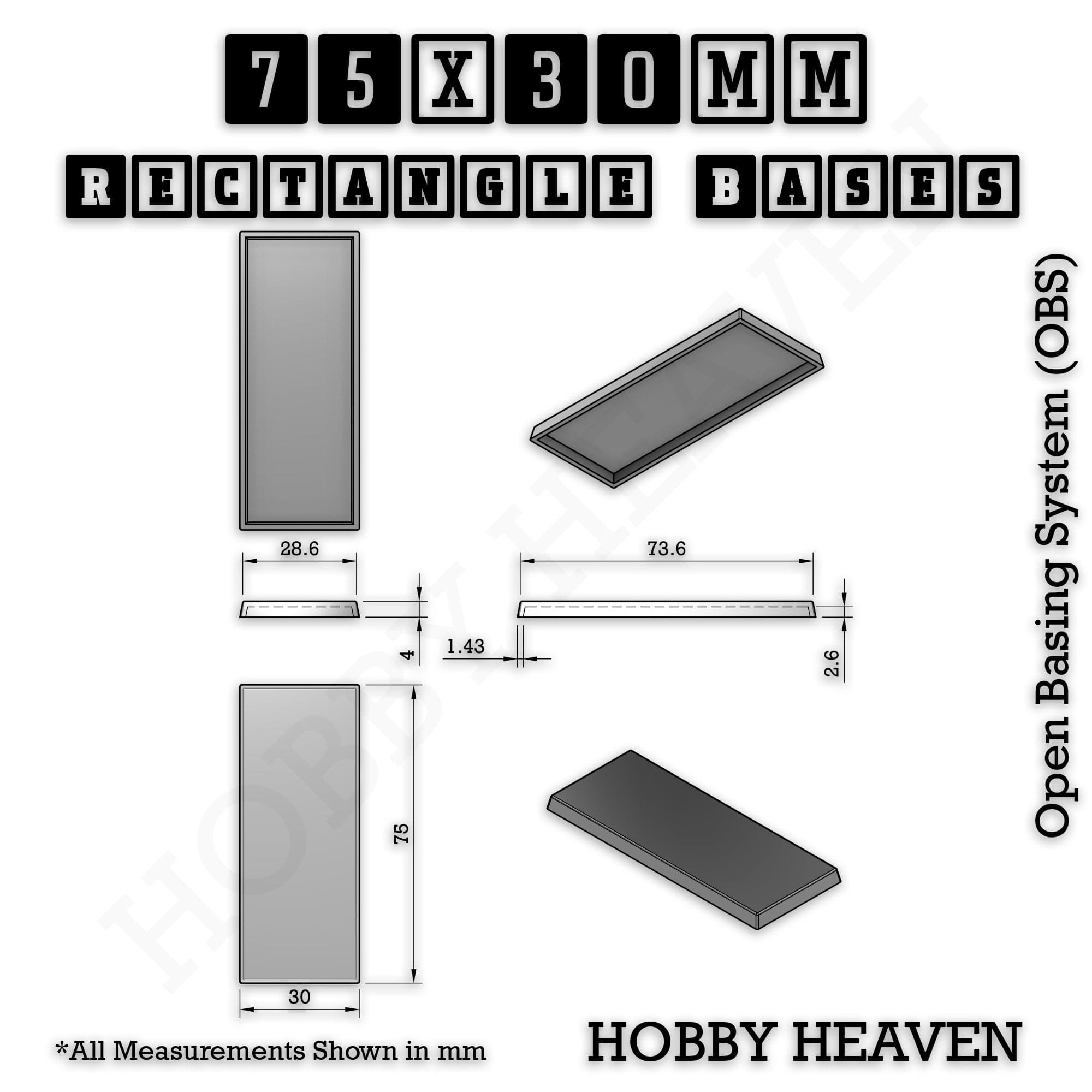 Base Rectangle Bases Range Sizes - 75x30mm to 125x40mm Medium Sizes 3d Print Full Range Tabletop Games