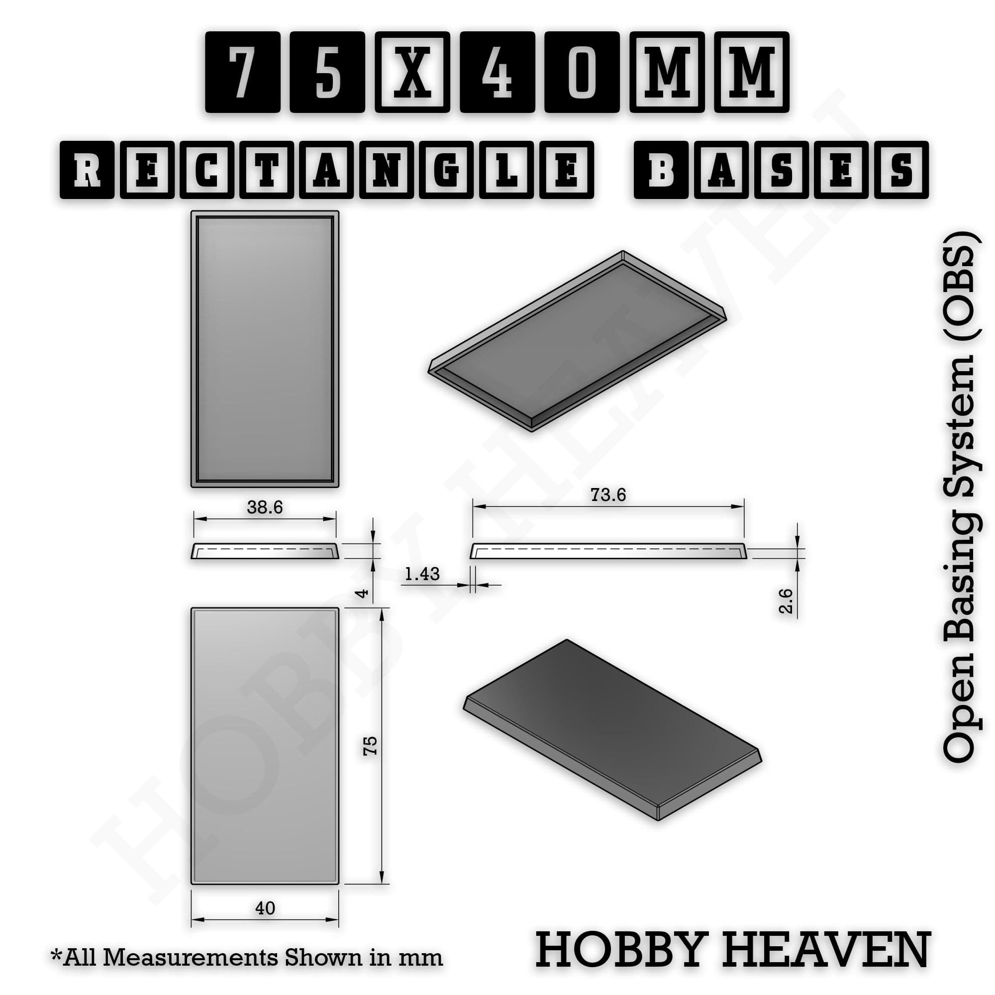 Base Rectangle Bases Range Sizes - 75x30mm to 125x40mm Medium Sizes 3d Print Full Range Tabletop Games
