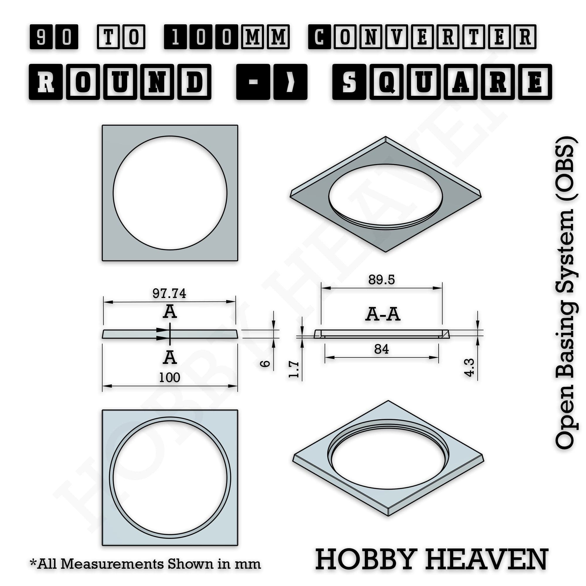 Base 90mm To 100mm Square Converter x1pcs Round to Square Bases Shape and Size Converters 3d Print Full Range