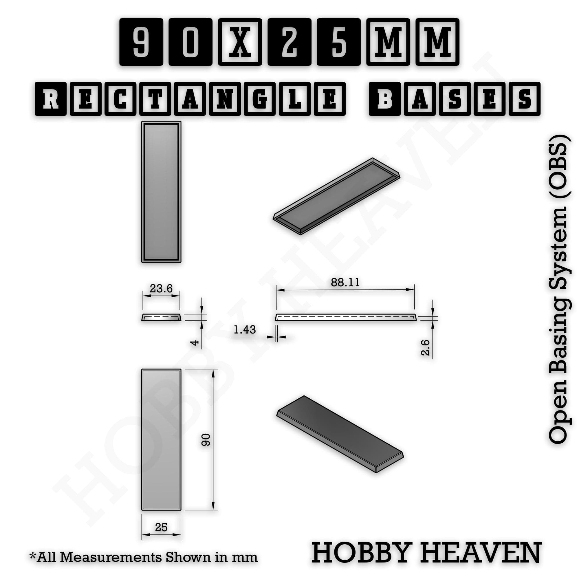 Base Rectangle Bases Range Sizes - 75x30mm to 125x40mm Medium Sizes 3d Print Full Range Tabletop Games