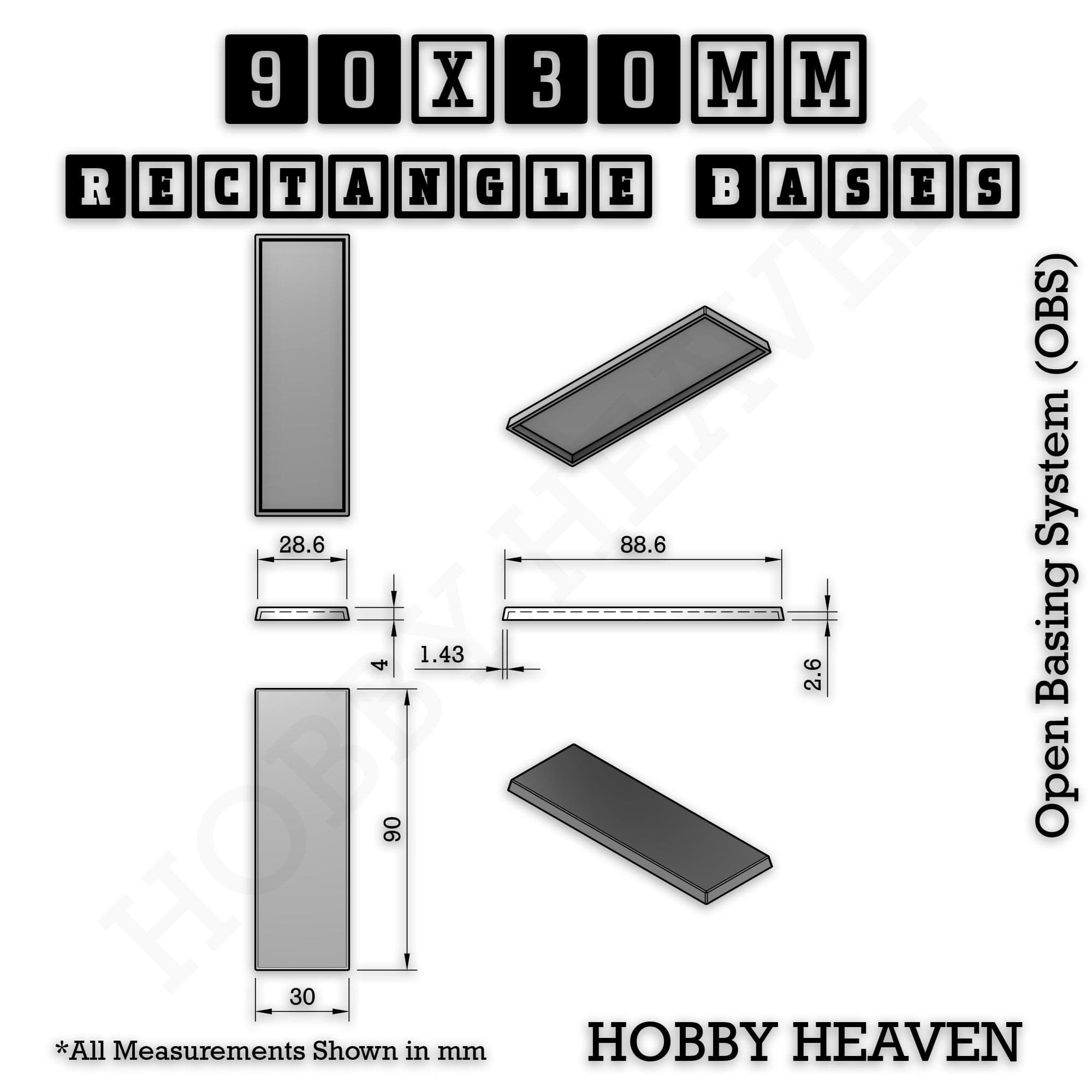 Base Rectangle Bases Range Sizes - 75x30mm to 125x40mm Medium Sizes 3d Print Full Range Tabletop Games