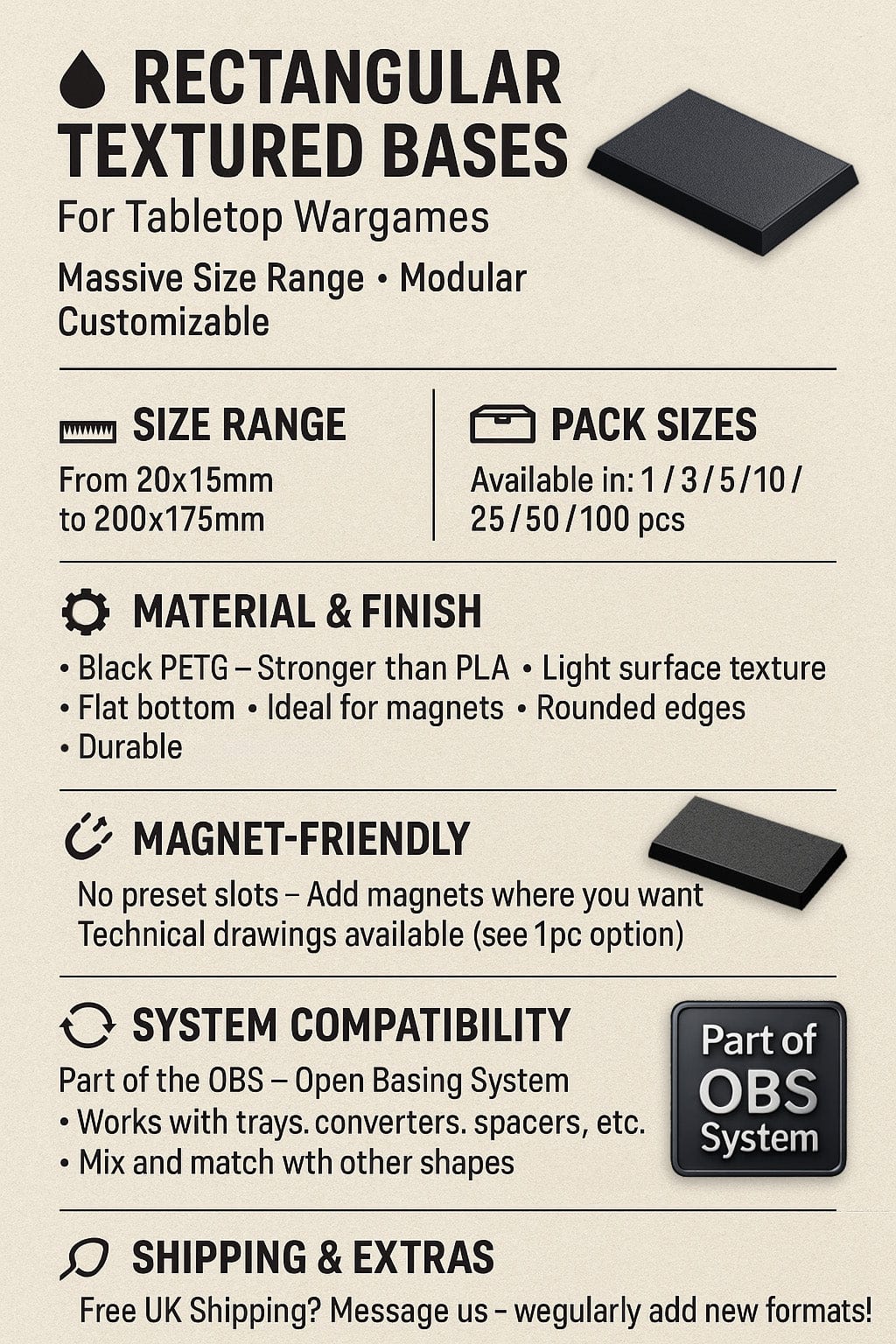 Base Rectangle Bases Range Sizes - 125x50mm to 200x175mm Large Sizes 3d Print Full Range Tabletop Games