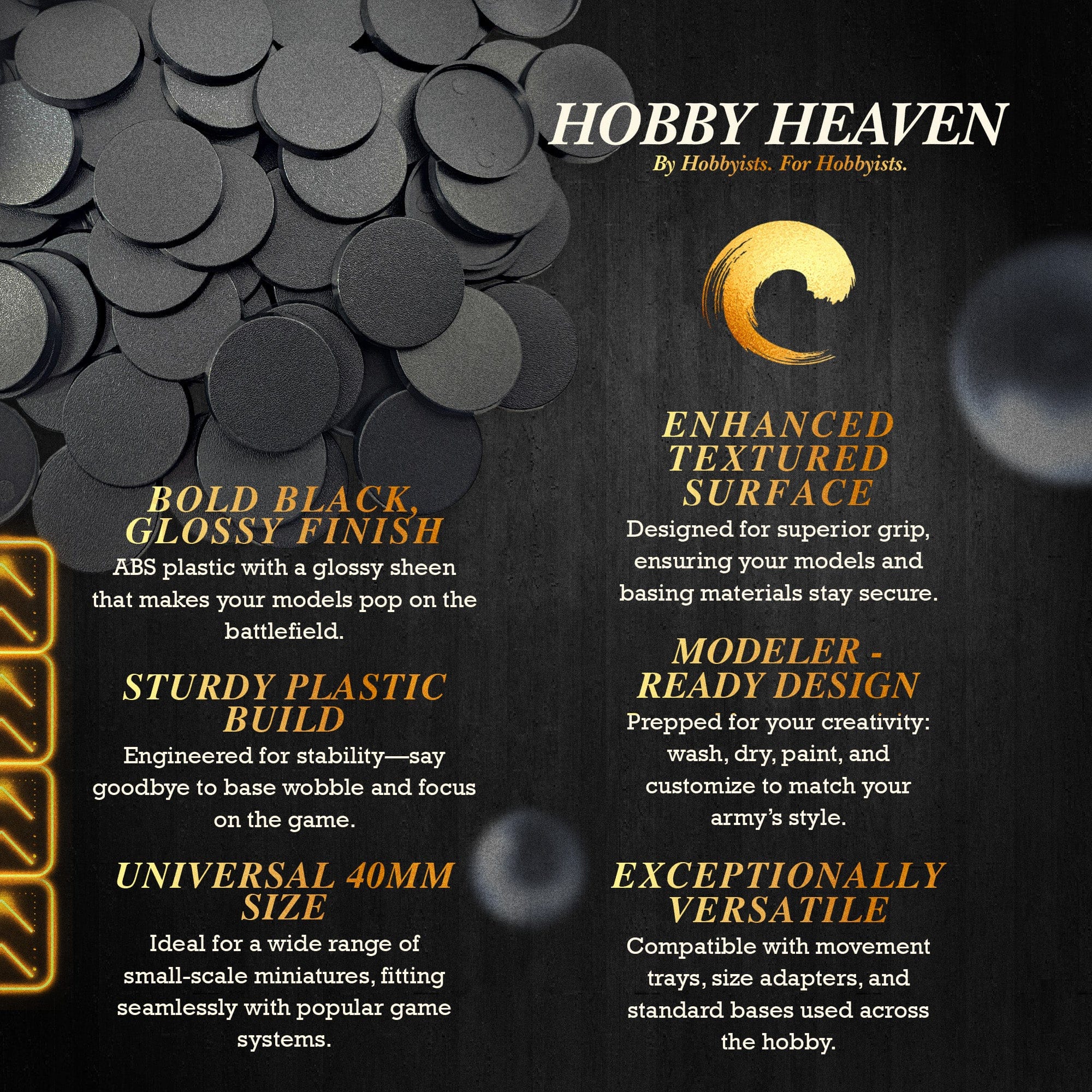 Base 40mm Round Bases | Plain Black Plastic Bases for Wargames| Miniature Wargaming Bases