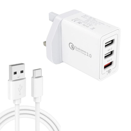 Mobile Accessories with USB-C / Type-C Cable, UK Plug SDC-30W 2 in 1 USB to USB-C / Type-C Data Cable + 30W QC 3.0 USB + 2.4A Dual USB 2.0 Ports Mobile Phone Tablet PC Universal Quick Charger Travel Charger Set, UK Plug, with USB-C / Type-C Cable, UK Plug