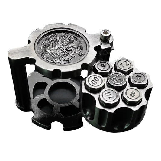 Hexchamber | Ancient Silver | Bullet Dice Set with Spinning Revolver Case.
