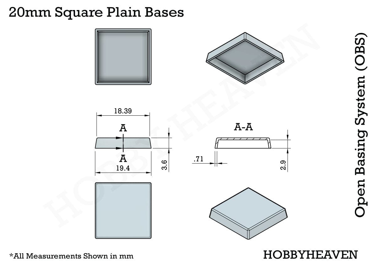 Base 20mm Square Plain Plastic Bases for Wargaming Miniatures