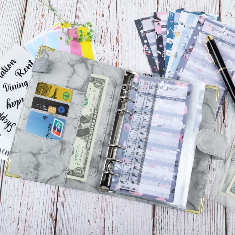 A6 Binder Budget Book Marbled Notebook PU Leather Binder(Pink)