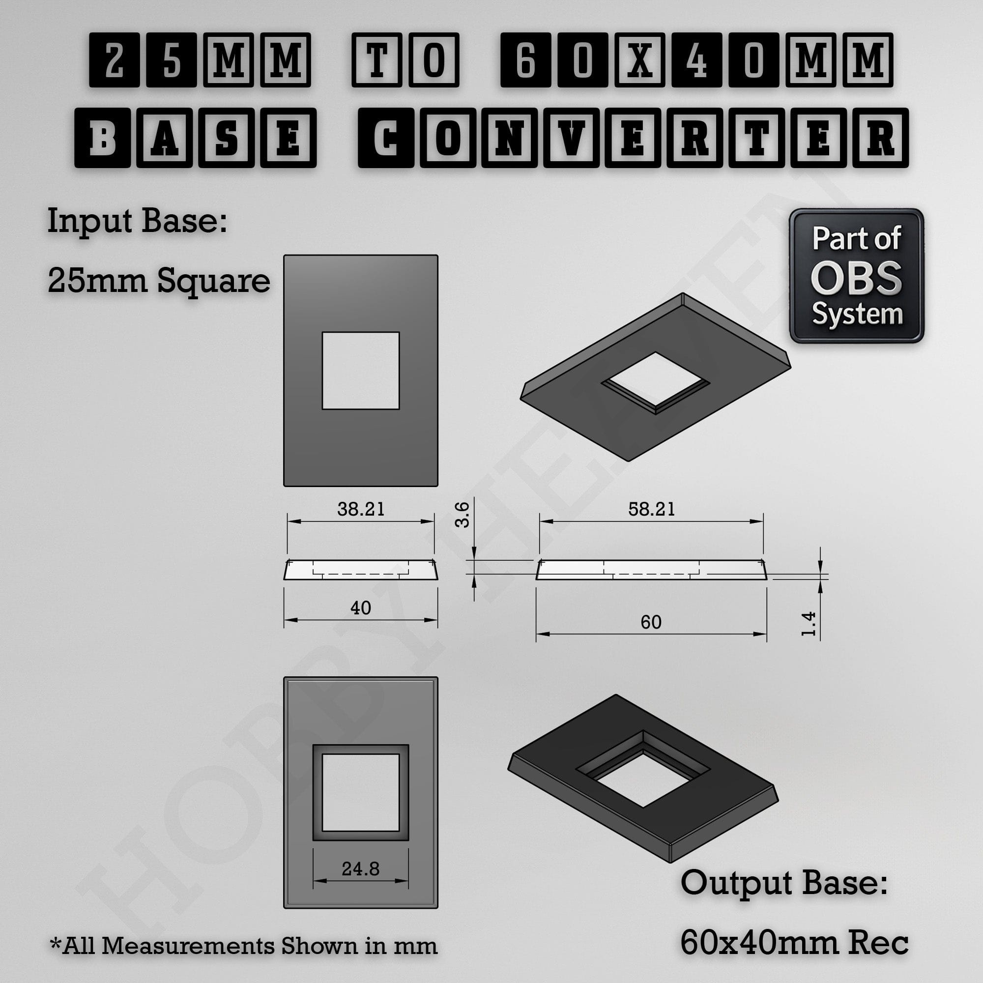 Base Square to Rectangle Bases Size Converters 3d Print Full Range