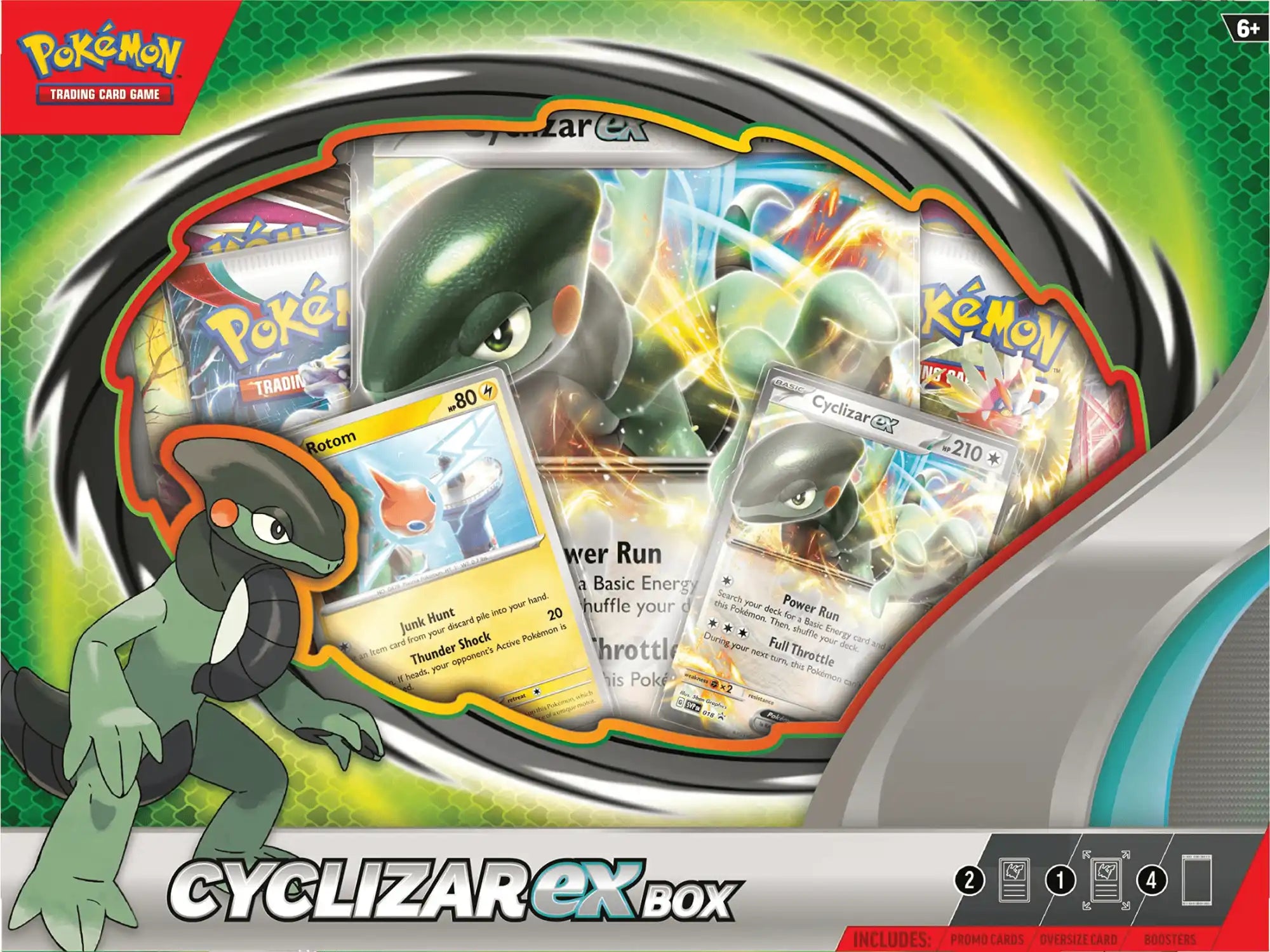 A ’Cyclizar EX Box’ for the Pokémon Trading Card Game, featuring a large Cyclizar EX card, a smaller Cyclizar EX card, and booster packs.
