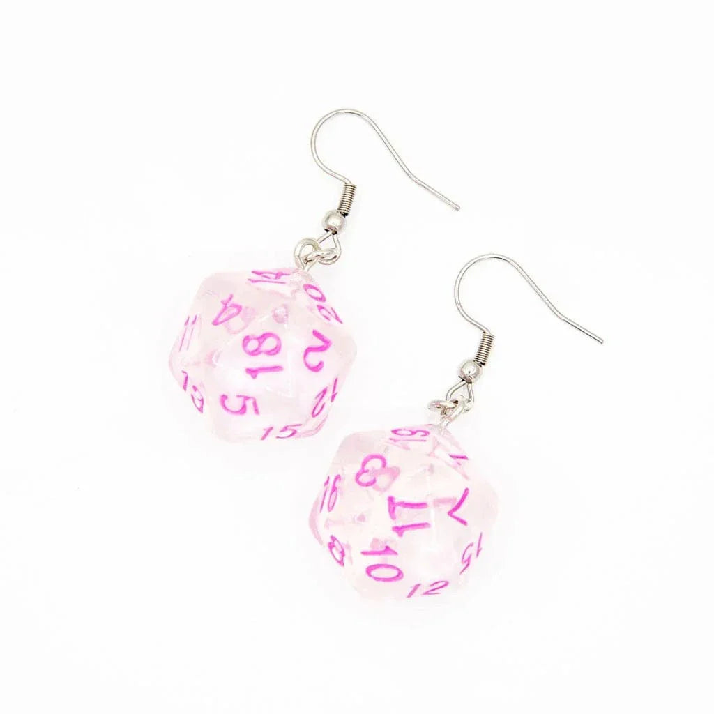 Tabletop Dominion Earrings D20 Earrings | Clear with Pink Font