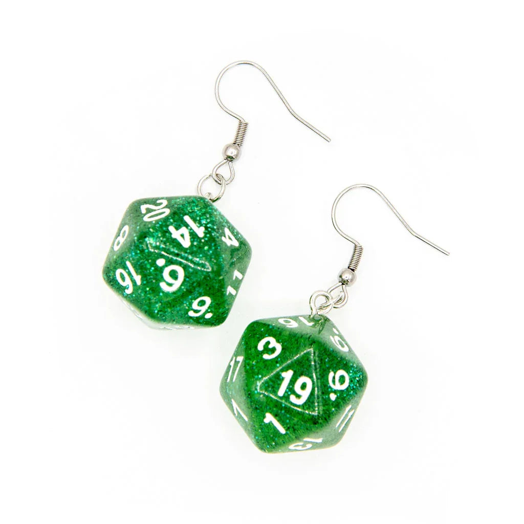 D20 Earrings | Green Sparkle - Earrings