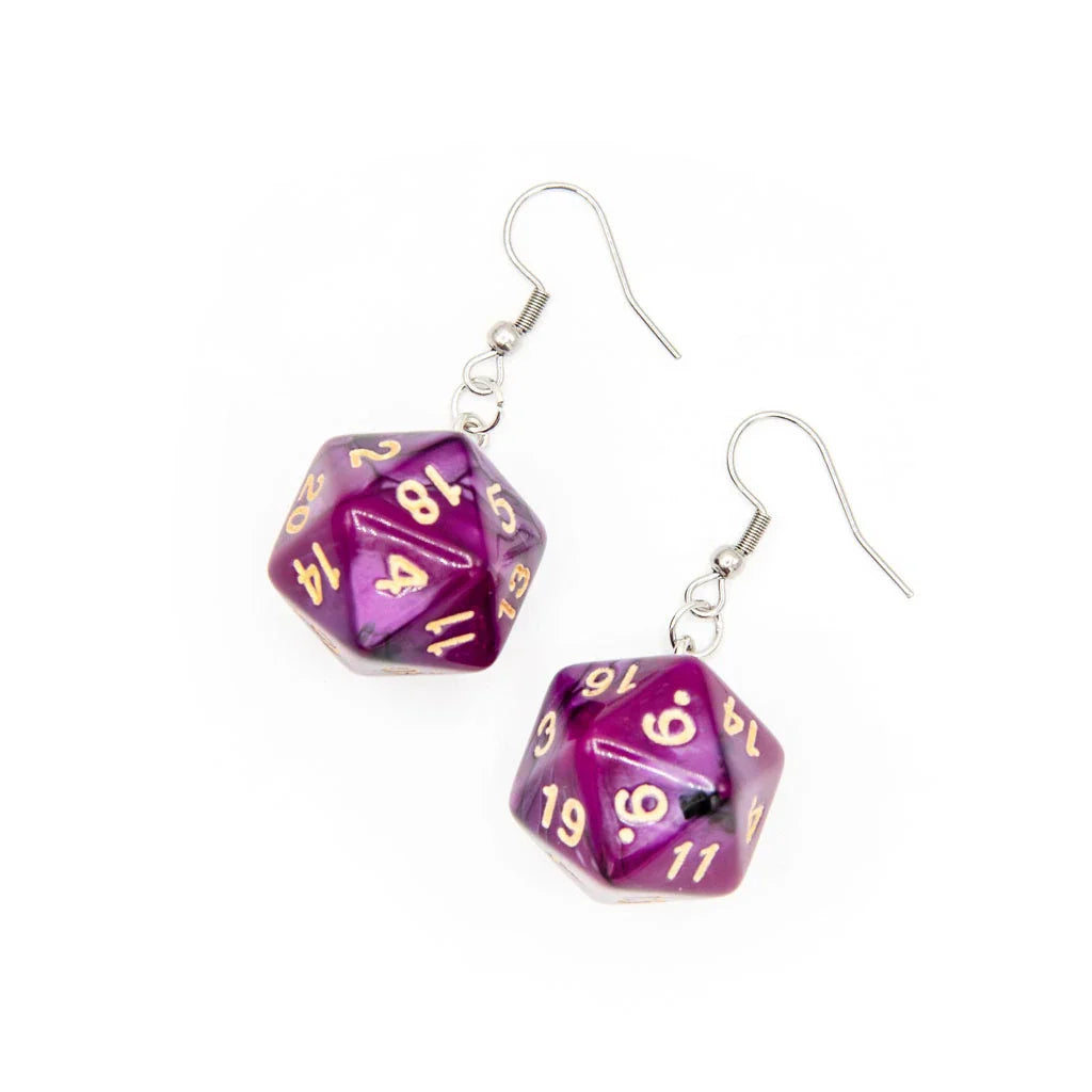 D20 Earrings | Purple & Black Swirl - Earrings