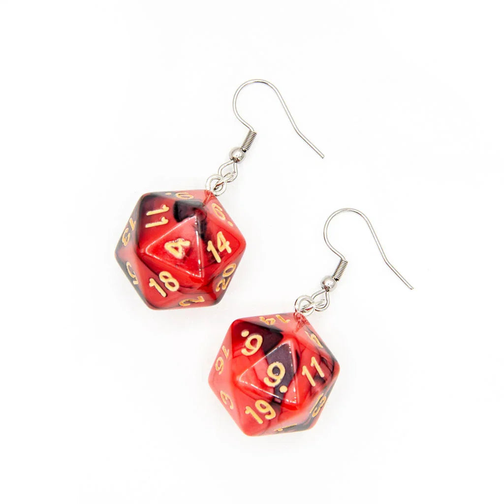 D20 Earrings | Red & Black Swirl - Earrings