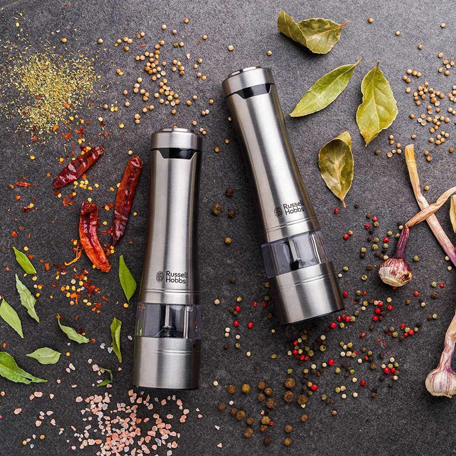 GameRaid Russell Hobbs Electric Salt and Pepper Mill Set, Adjustable Mill - Brushed Steel 23460-56