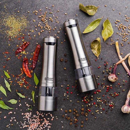 GameRaid Russell Hobbs Electric Salt and Pepper Mill Set, Adjustable Mill - Brushed Steel 23460-56