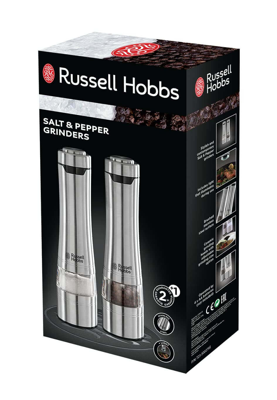 GameRaid Russell Hobbs Electric Salt and Pepper Mill Set, Adjustable Mill - Brushed Steel 23460-56