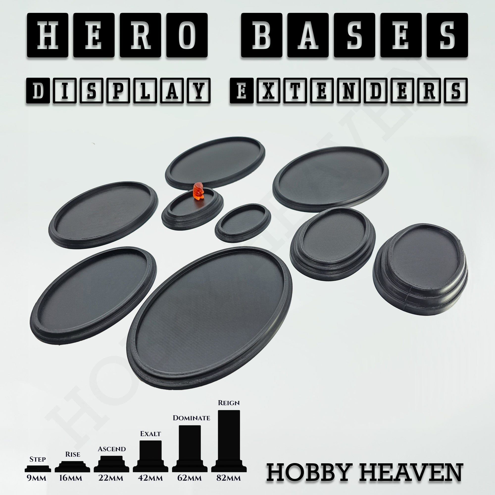 Plastic Bases Hero Bases Display Extenders | Squares and Rectangles | Convert Gaming Bases to Display Bases & Plinths
