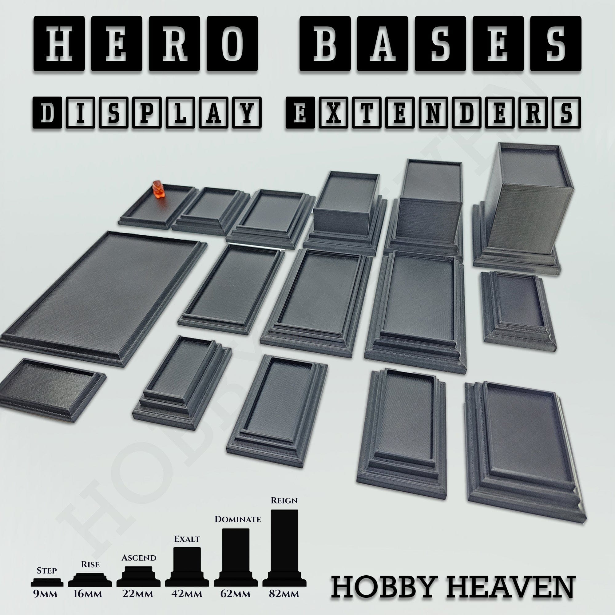 Plastic Bases Hero Bases Display Extenders | Squares and Rectangles | Convert Gaming Bases to Display Bases & Plinths
