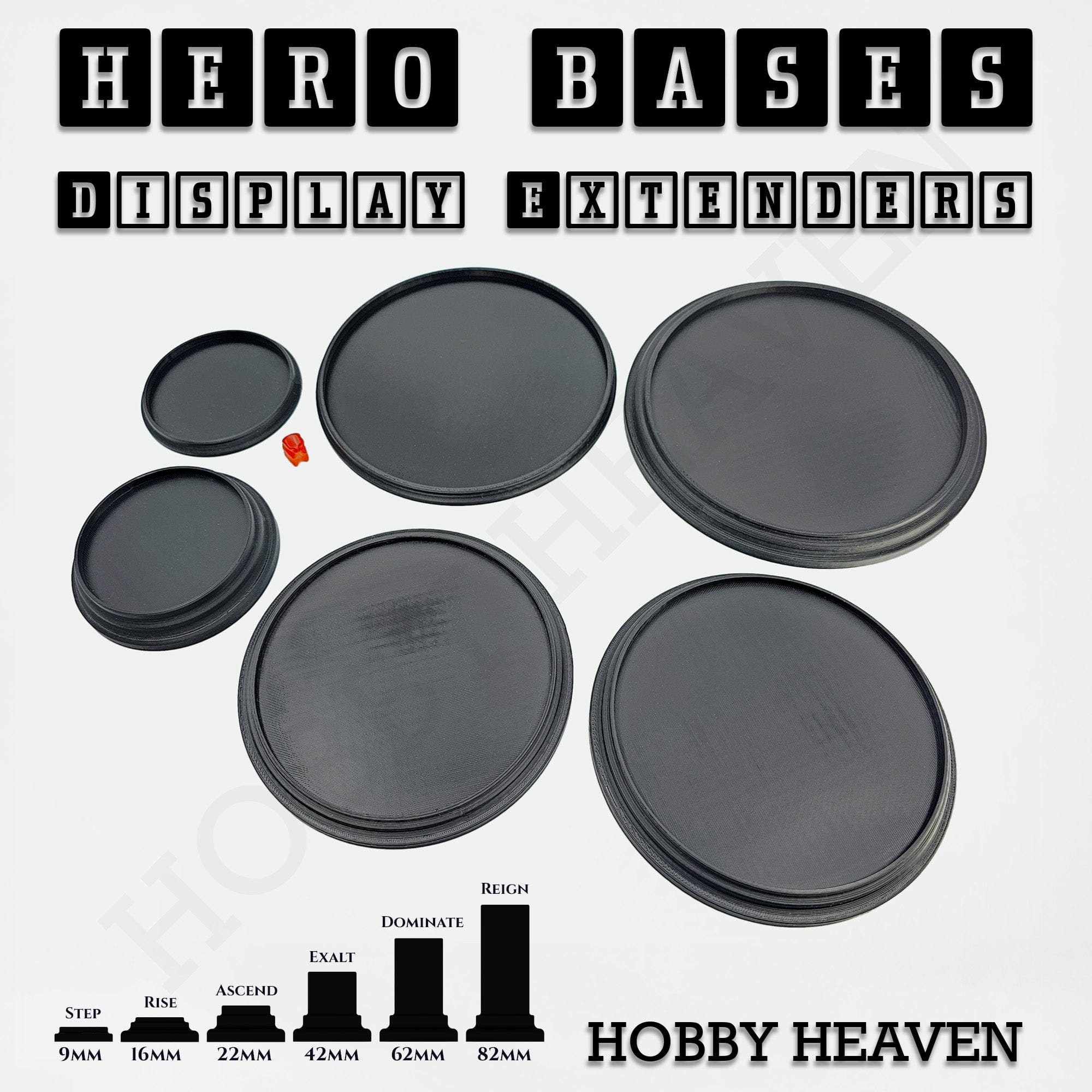 Plastic Bases Hero Bases Display Extenders | Squares and Rectangles | Convert Gaming Bases to Display Bases & Plinths