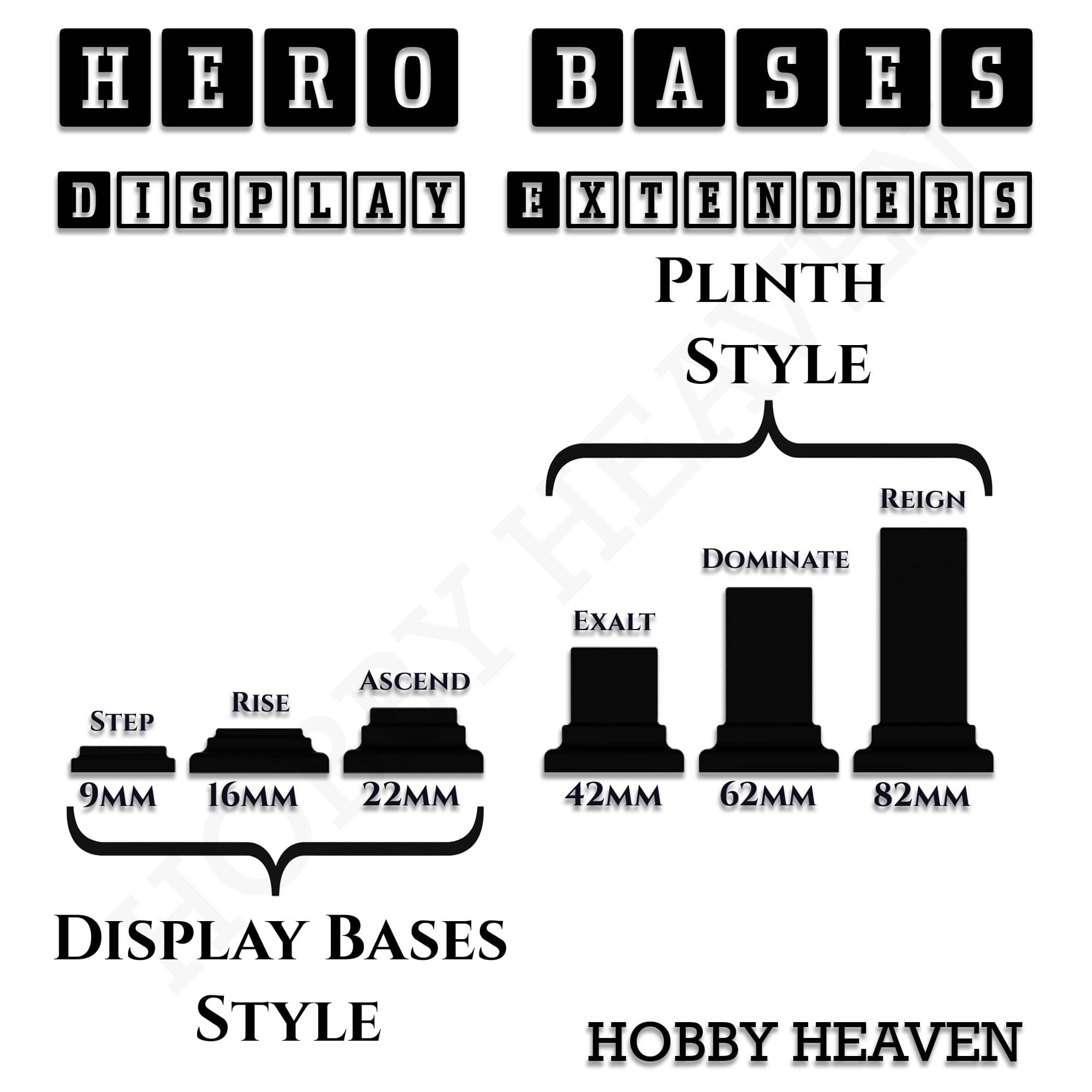 Plastic Bases Hero Bases Display Extenders | Squares and Rectangles | Convert Gaming Bases to Display Bases & Plinths