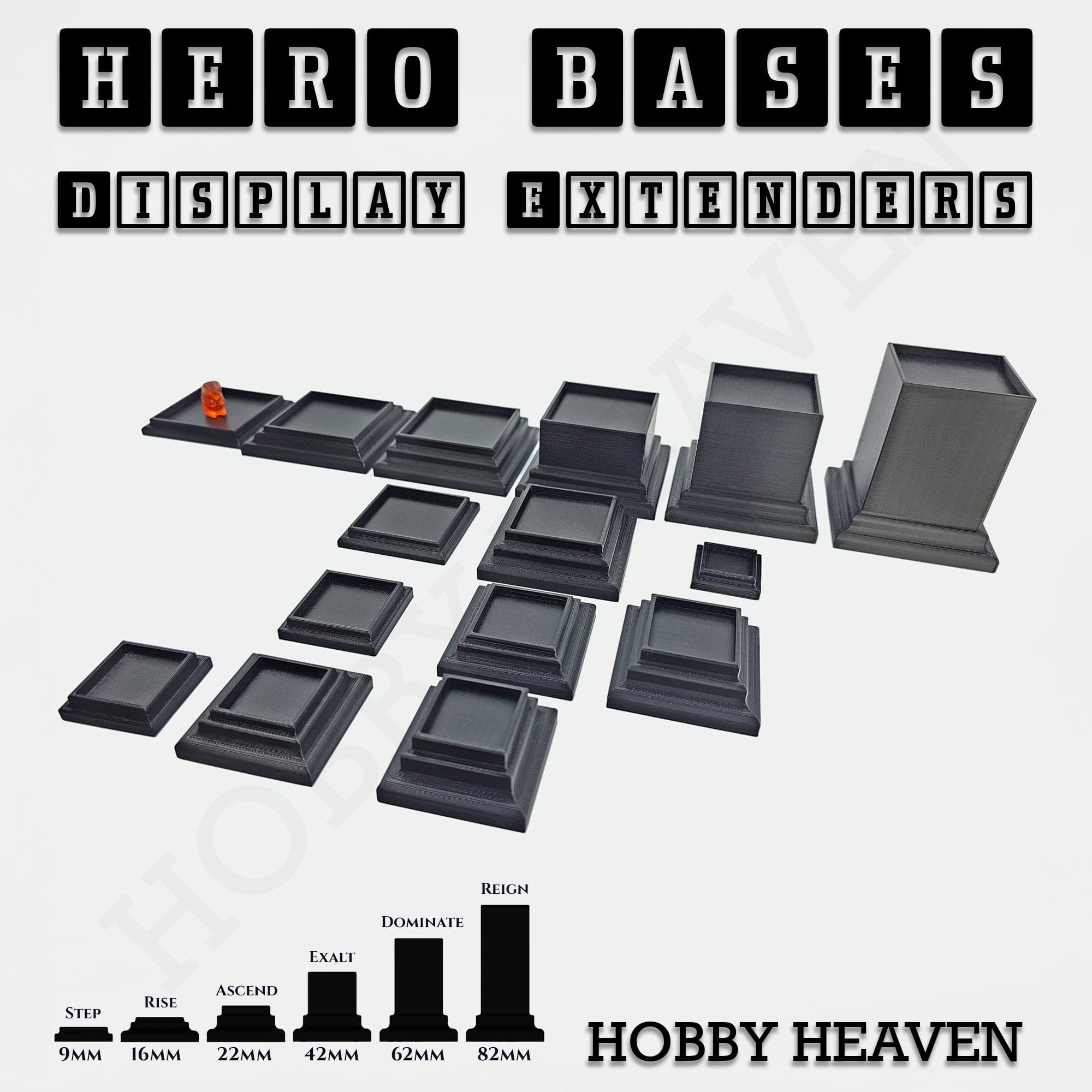 Plastic Bases Hero Bases Display Extenders | Squares and Rectangles | Convert Gaming Bases to Display Bases & Plinths