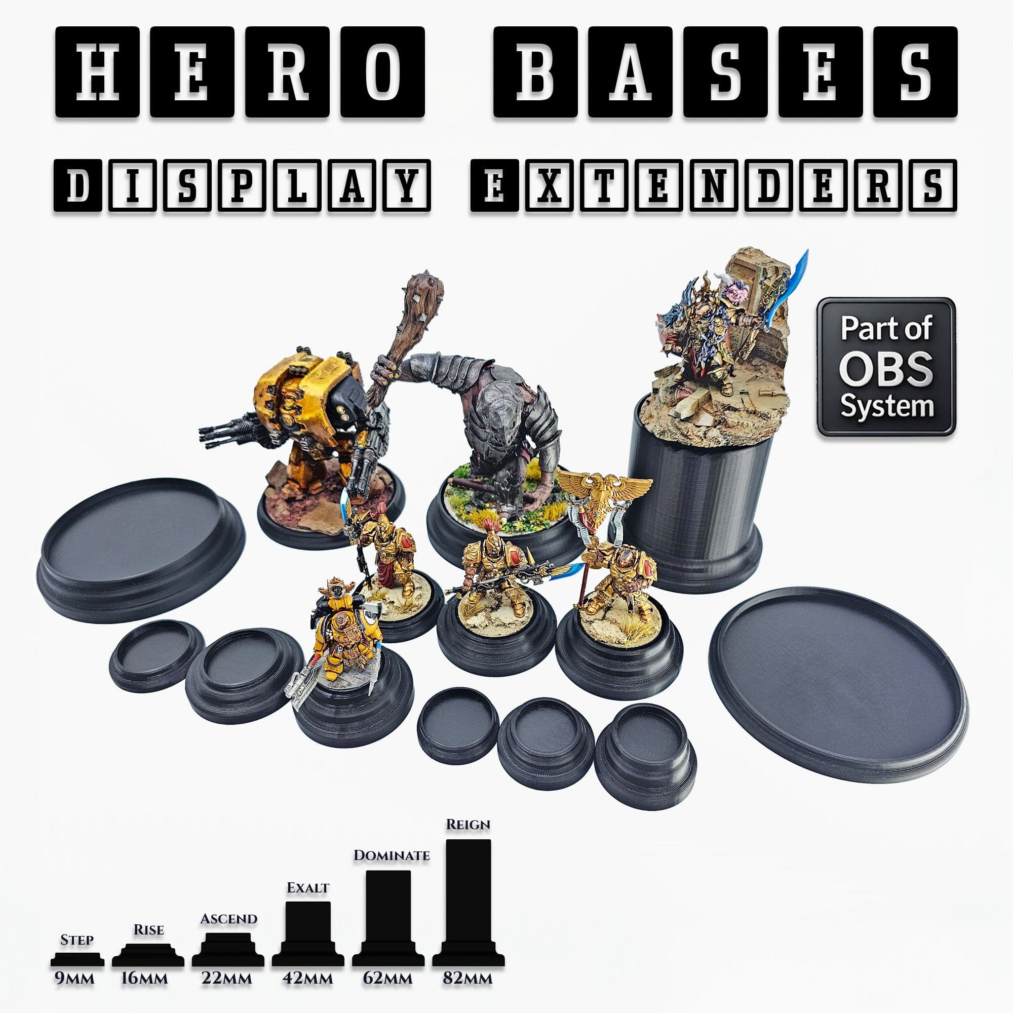 Plastic Bases Hero Bases Display Extenders | Squares and Rectangles | Convert Gaming Bases to Display Bases & Plinths
