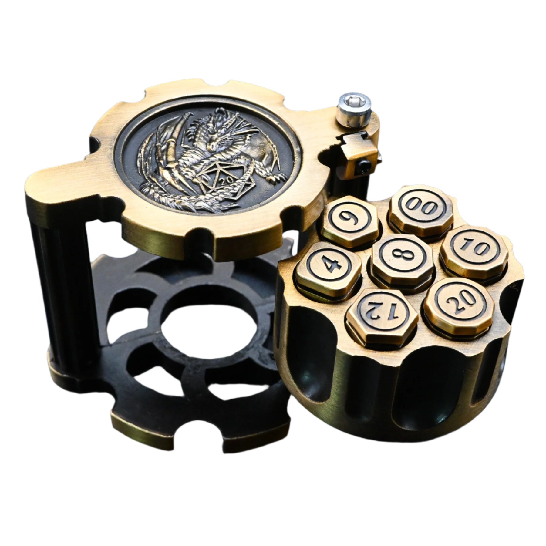 Hexchamber | Ancient Gold | Bullet Dice Set with Spinning Revolver Case - DICE