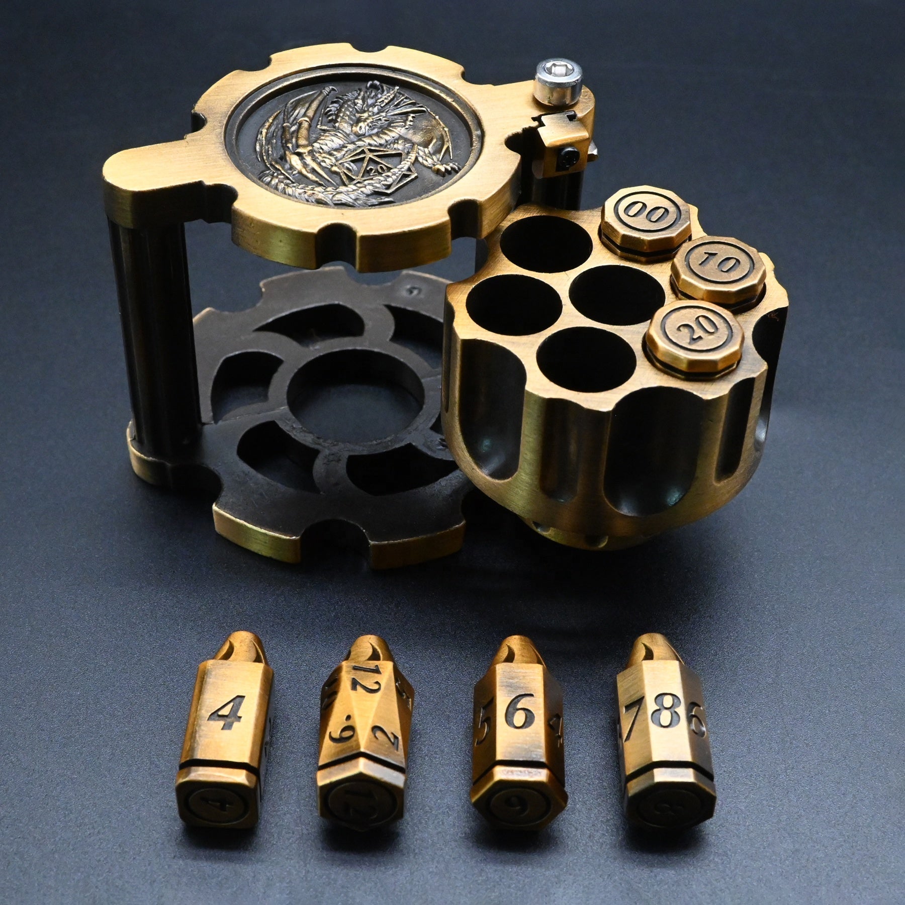 Hexchamber | Ancient Gold | Bullet Dice Set with Spinning Revolver Case - DICE