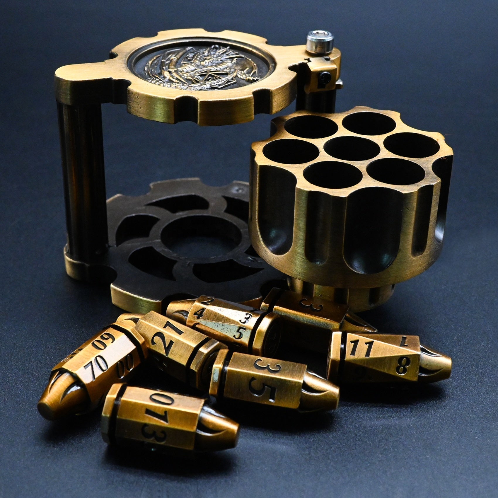 Hexchamber | Ancient Gold | Bullet Dice Set with Spinning Revolver Case - DICE