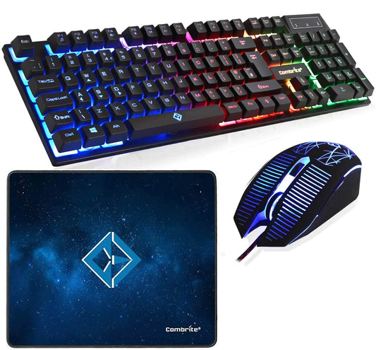 Jolof Store Combrite Raptor Gaming Keyboard And Mouse Set With Large Mouse Pad, Rainbow LED, USB Wired Desktop Combo, UK Layout, For Desktop PC, Laptop, PS4, PS5,