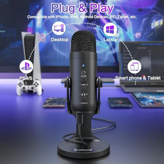 Jolof Store Condenser zealsound USB Microphone, PC Phone Podcast Mic, Condenser Gaming microphones for PS4&5, W/Quick Mute, Echo/Gain knob, Plug & Play for Streaming, Vocal Recording, ASMR, YouTube,Twitch on Mac Windows